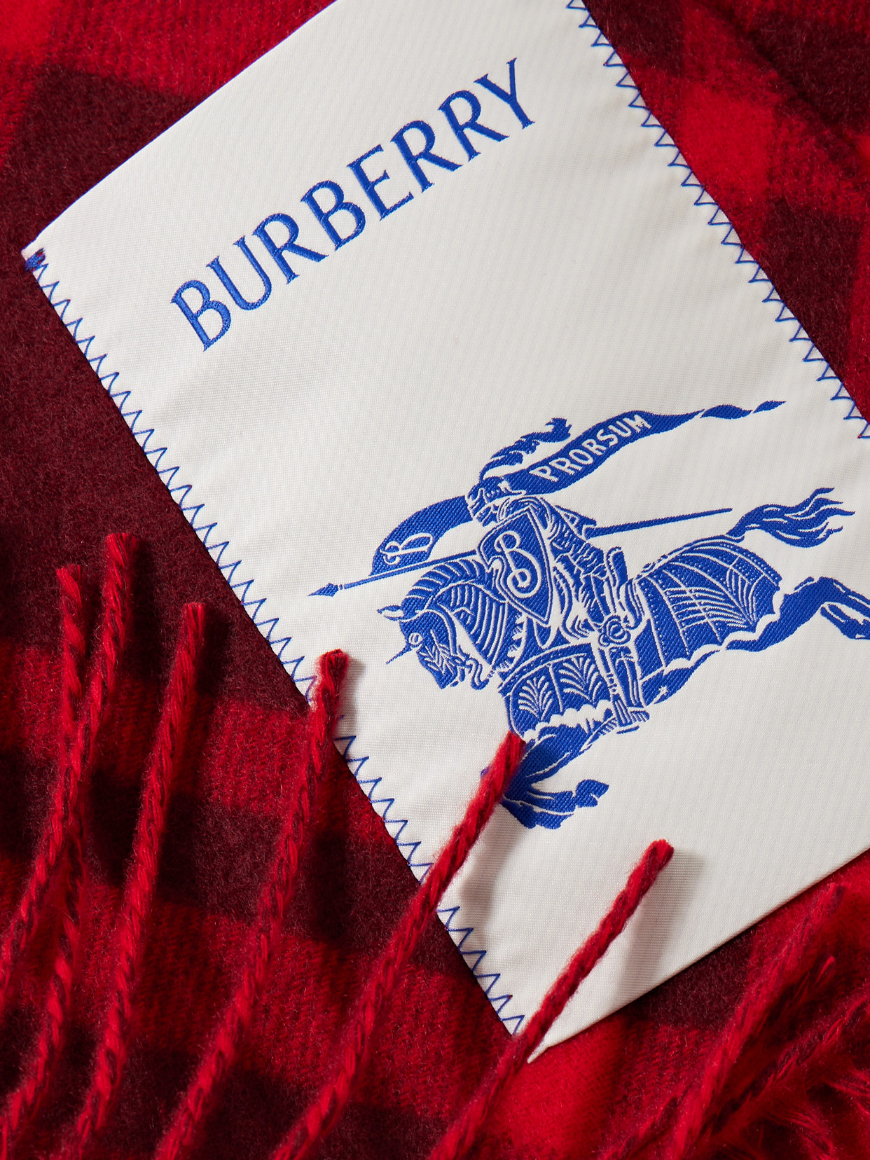Burberry Appliquéd Fringed Checked Cashmere Scarf In Red