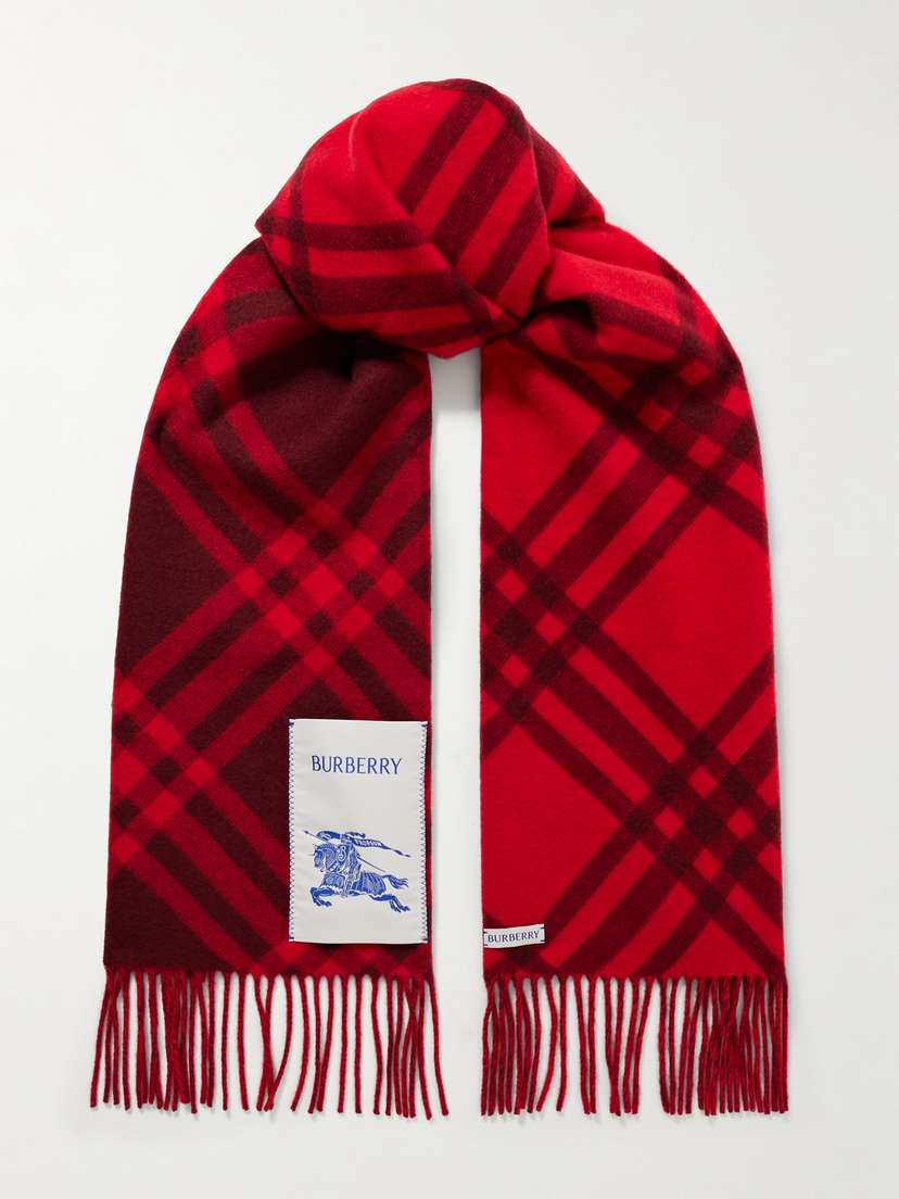 Burberry Appliquéd Fringed Checked Cashmere Scarf
