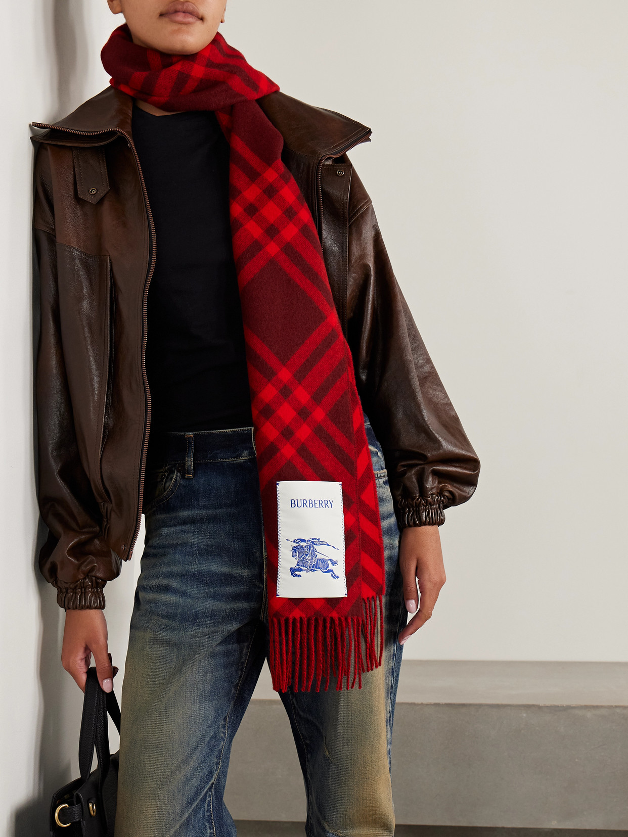 Burberry Appliquéd Fringed Checked Cashmere Scarf In Red