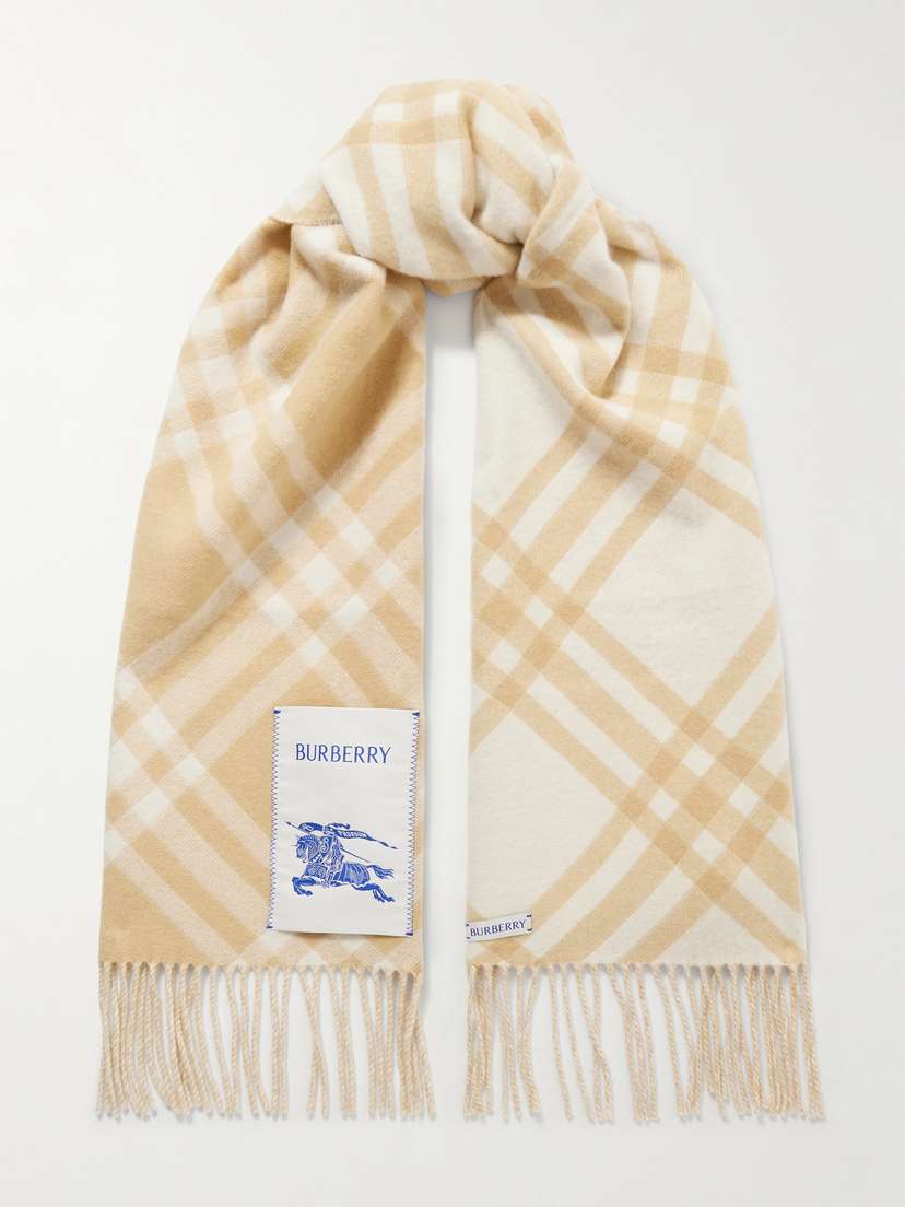 Burberry Appliquéd Fringed Checked Cashmere Scarf