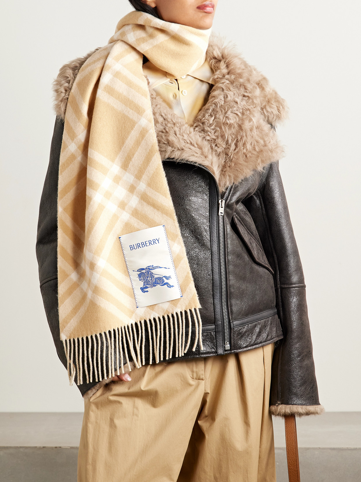 Burberry Appliquéd Fringed Checked Cashmere Scarf In Neutral