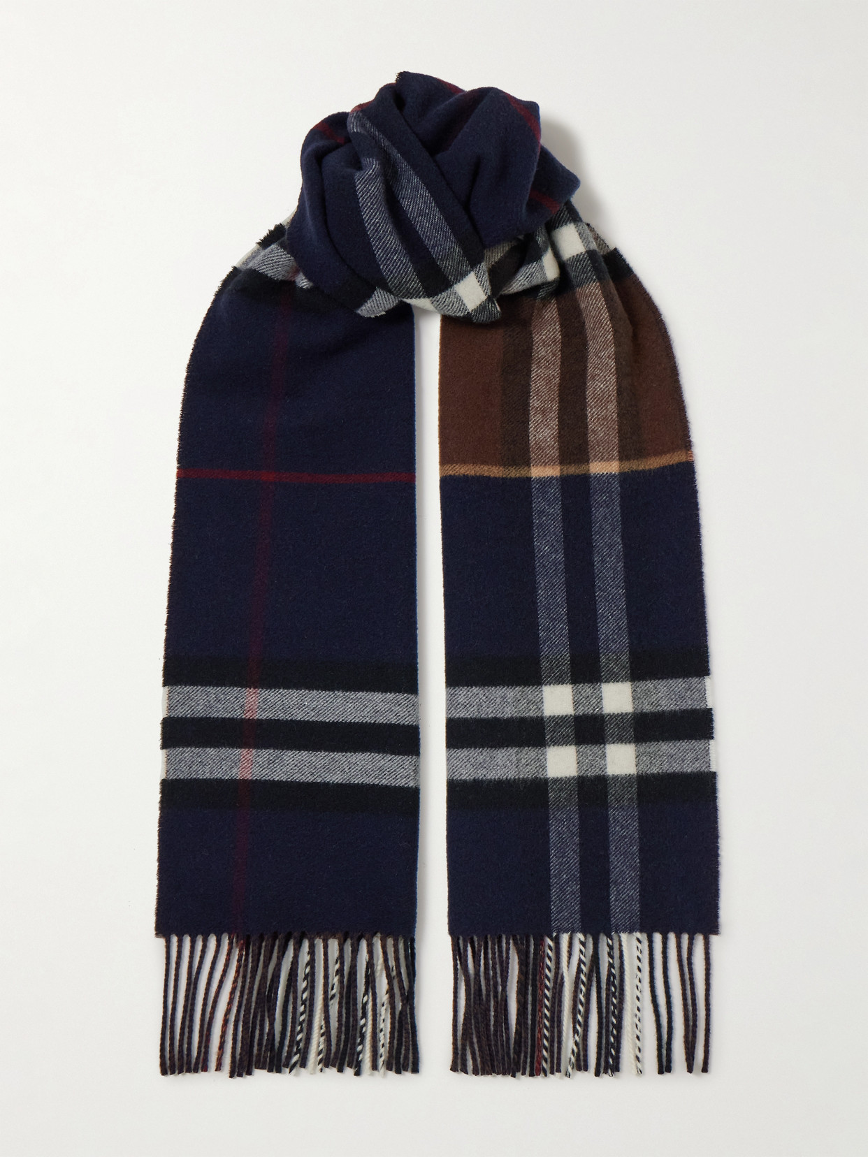 Burberry Fringed Checked Cashmere Scarf In Blue