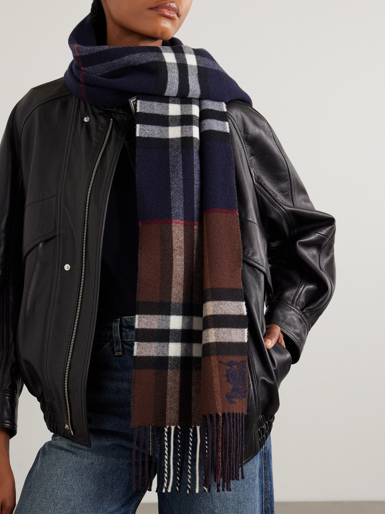 Burberry Fringed Checked Cashmere Scarf In Blue