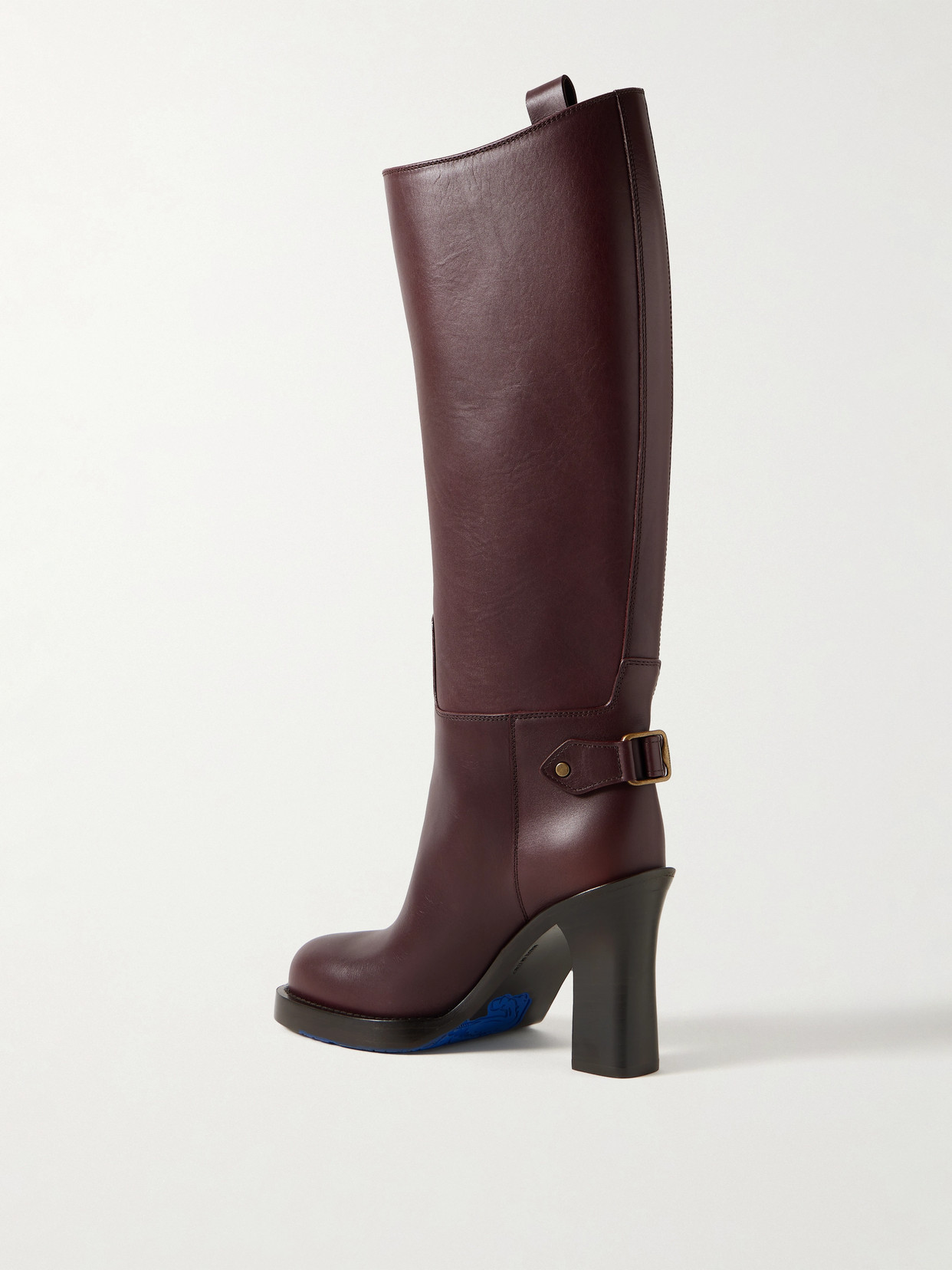 Burberry Buckled Leather Knee Boots In Brown