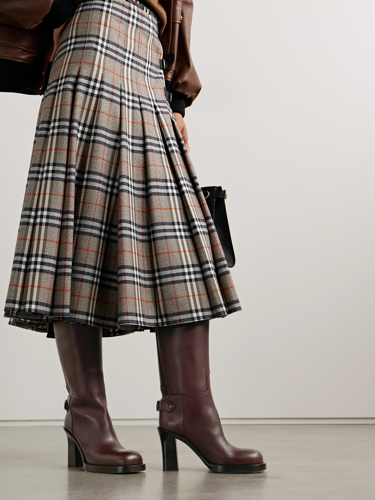 Burberry Buckled Leather Knee Boots In Brown