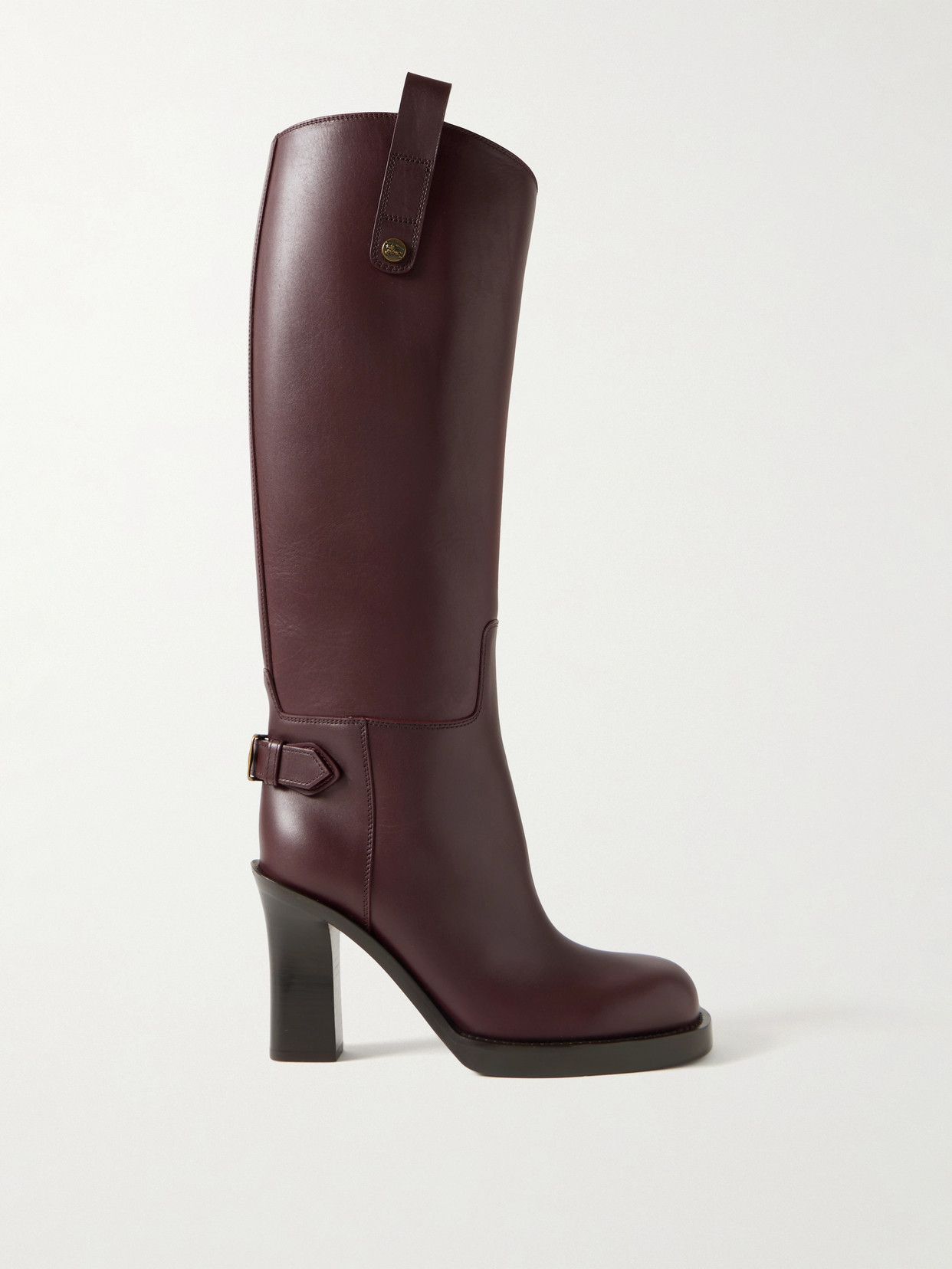 Burberry Buckled Leather Knee Boots In Brown