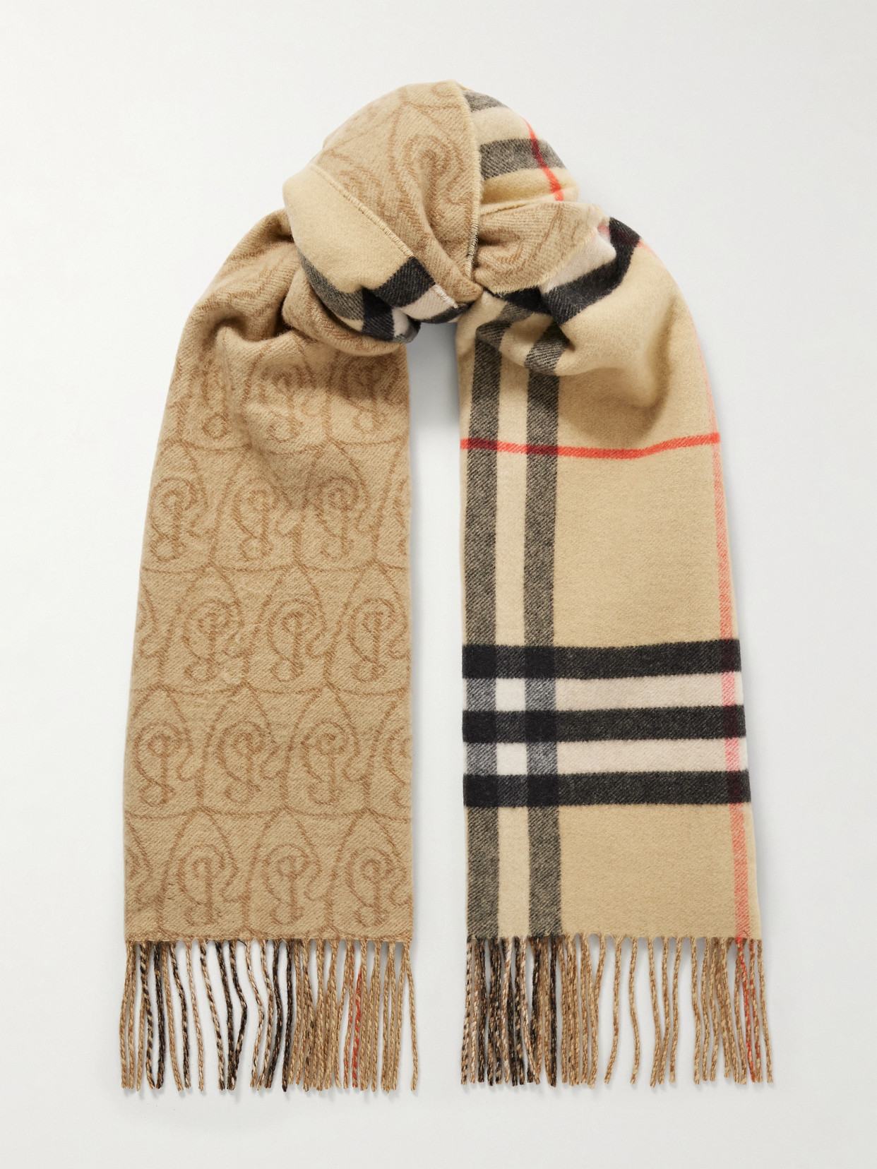 Burberry Reversible Fringed Cashmere-jacquard Scarf In Brown