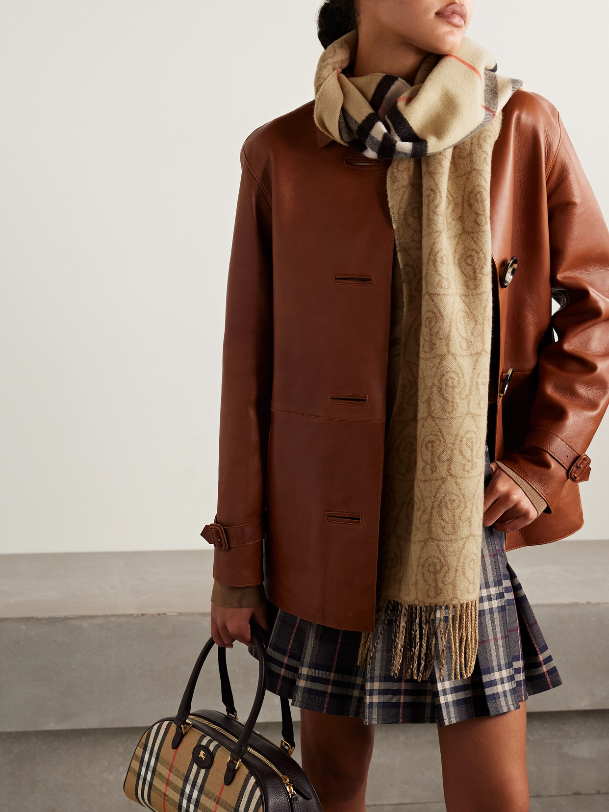 Burberry Reversible Fringed Cashmere-jacquard Scarf In Brown