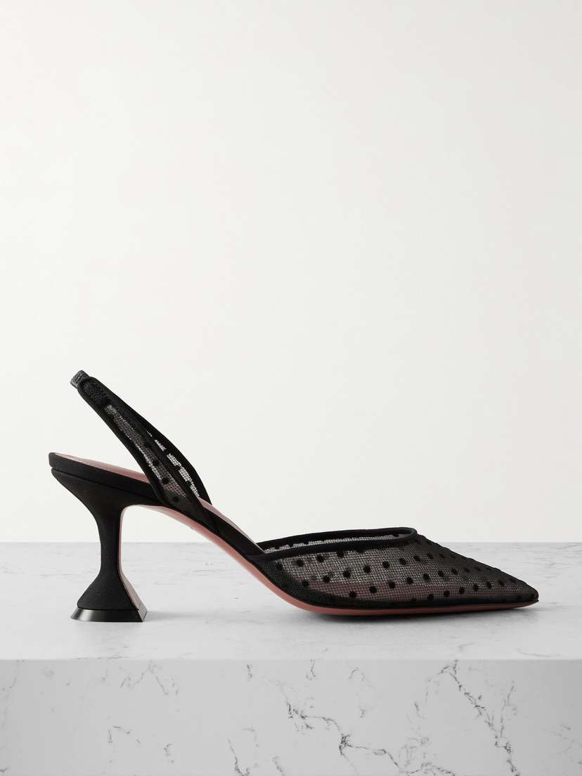 Amina Muaddi Holli Leather-trimmed Flocked Polka-dot Mesh Slingback Pumps