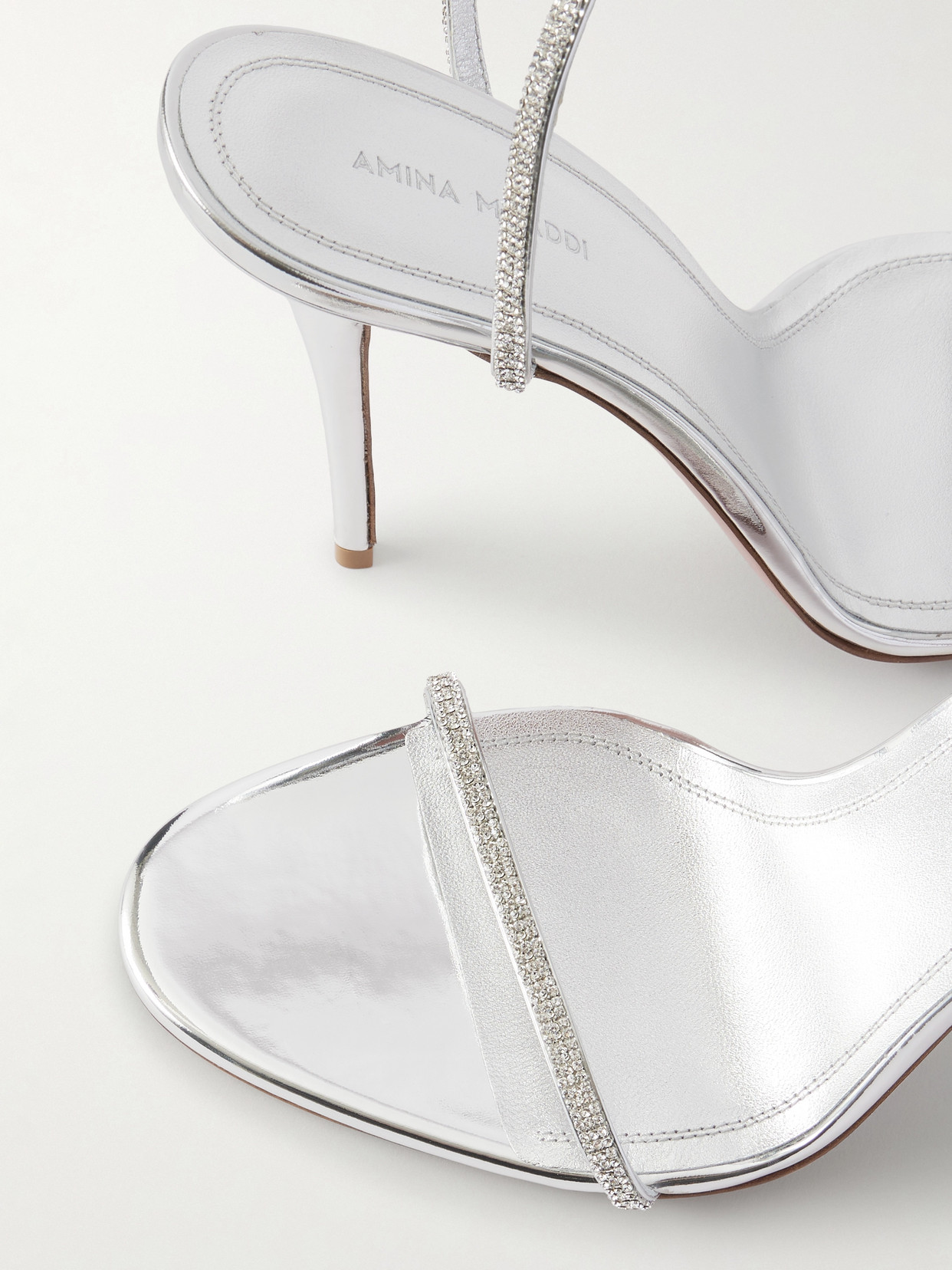 Amina Muaddi Diamante Crystal-embellished Metallic Leather Sandals In Silver