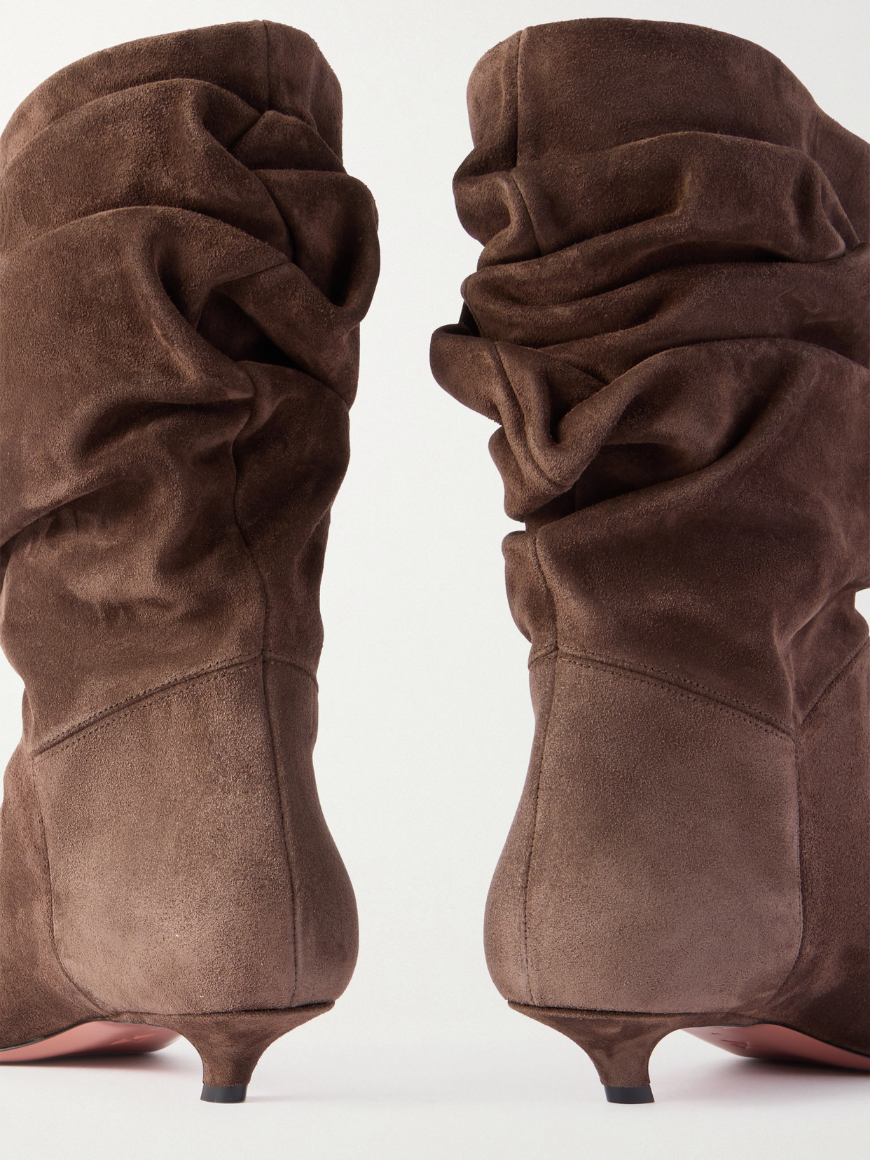 Amina Muaddi Jamie Ruched Suede Ankle Boots In Brown