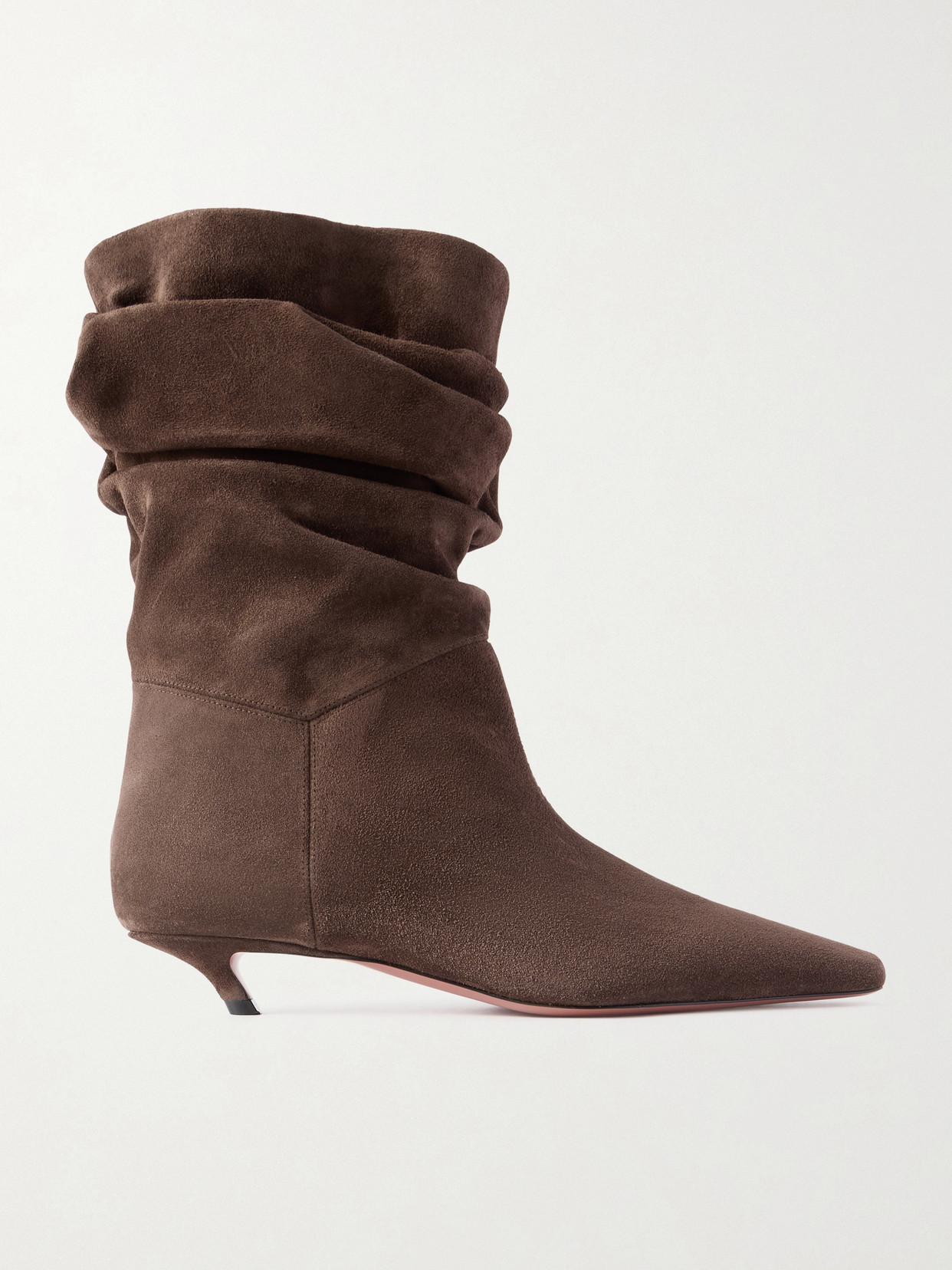Amina Muaddi Jamie Ruched Suede Ankle Boots In Brown