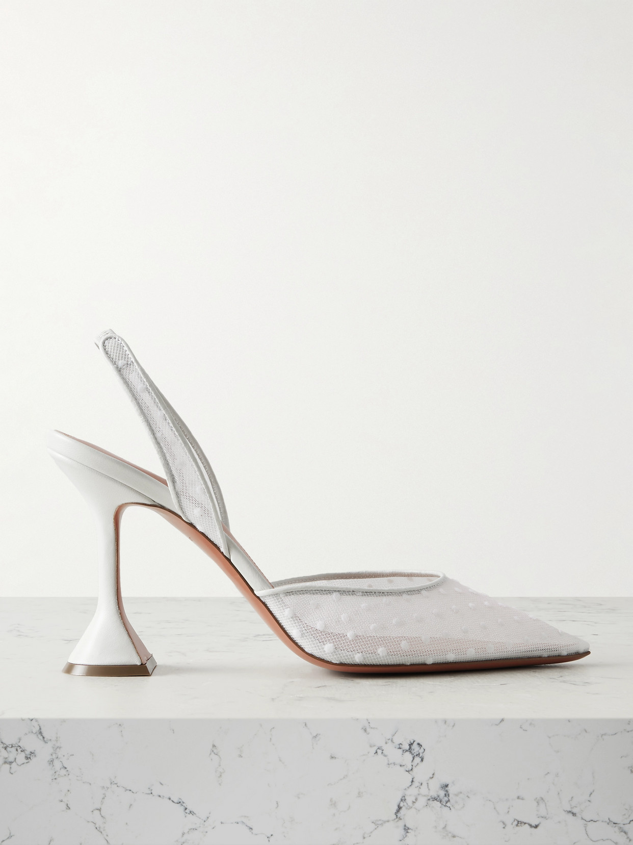 Amina Muaddi Holli Leather-trimmed Flocked Polka-dot Mesh Slingback Pumps In White