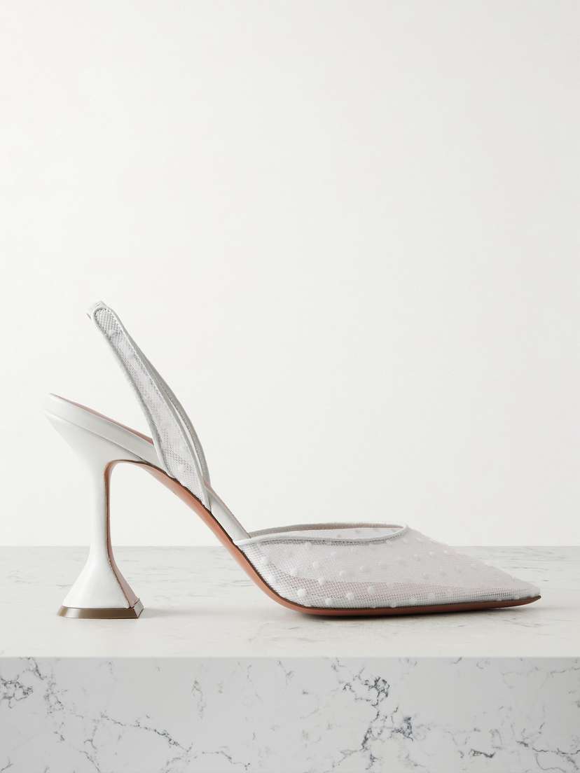 Amina Muaddi Holli Leather-trimmed Flocked Polka-dot Mesh Slingback Pumps