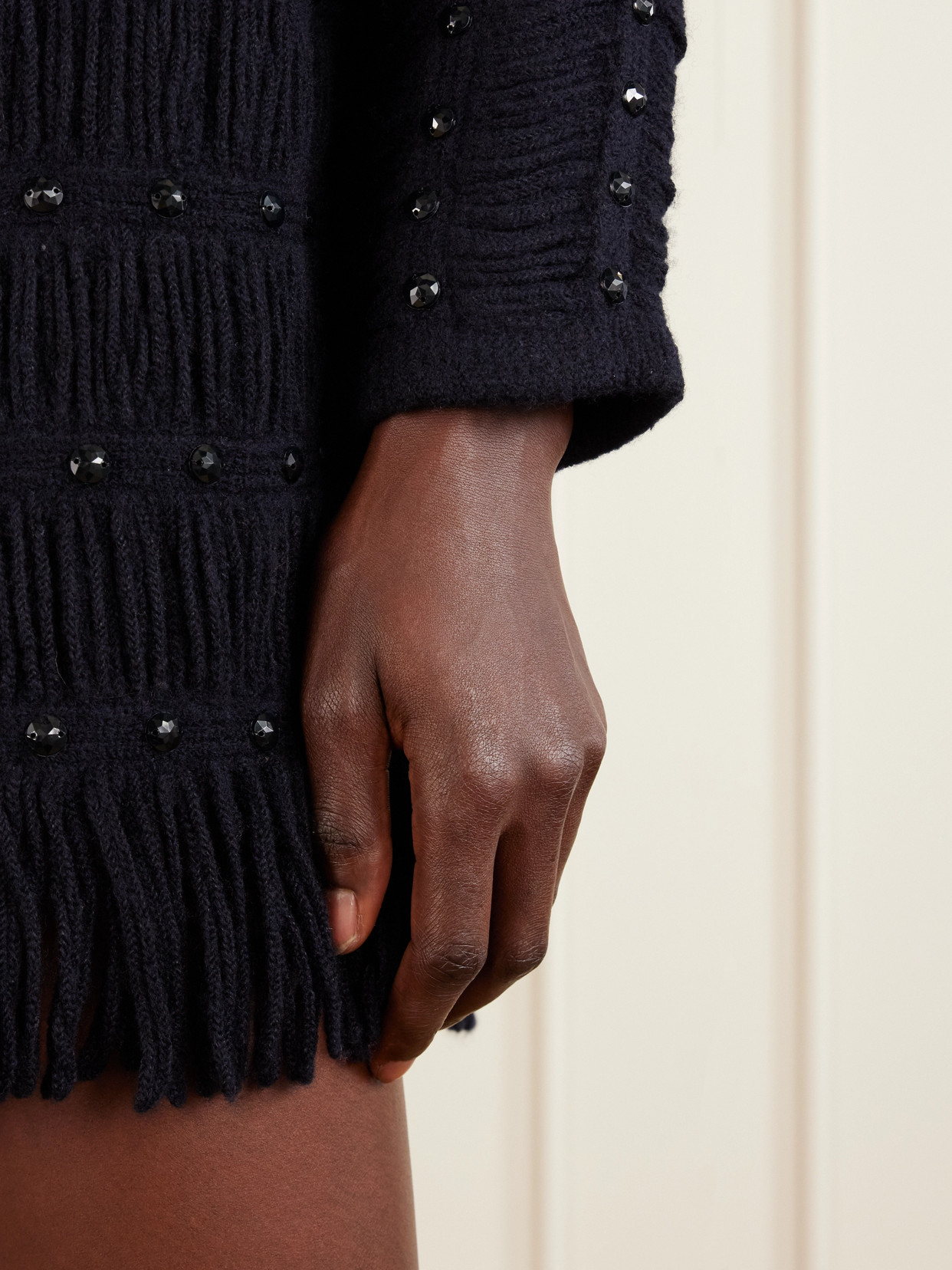 Diotima Notte Fringed Embellished Open-knit Merino Wool-blend Mini Dress In Blue