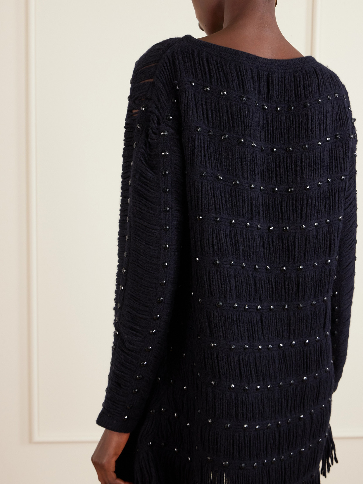 Diotima Notte Fringed Embellished Open-knit Merino Wool-blend Mini Dress In Blue