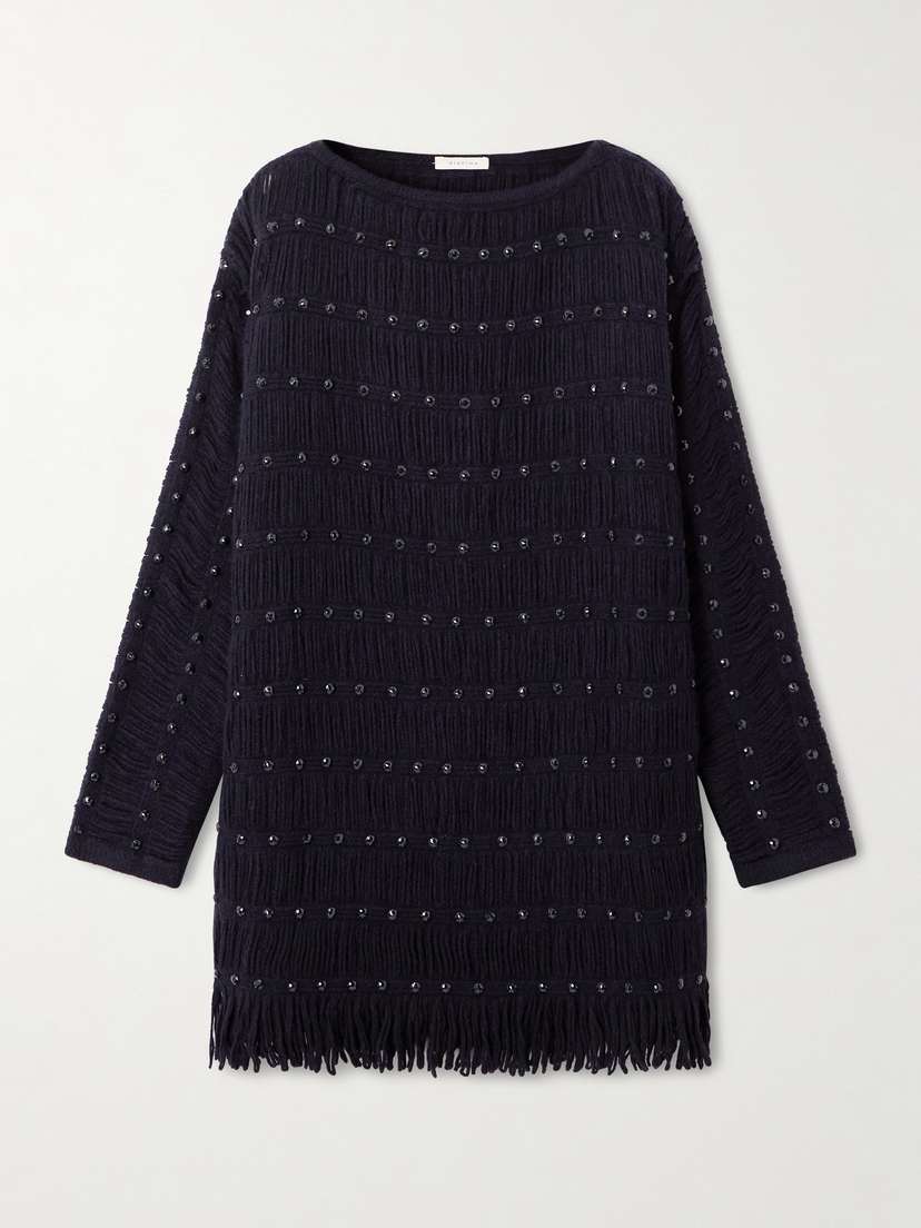 Diotima Notte Fringed Embellished Open-knit Merino Wool-blend Mini Dress