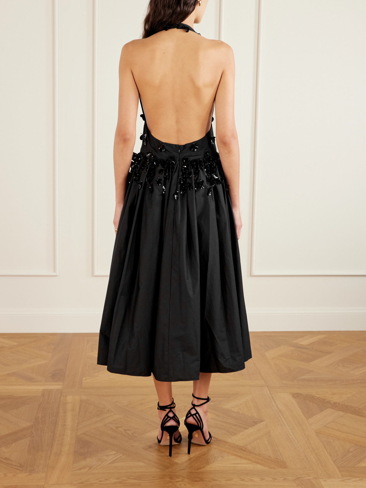 Diotima Open-back Embellished Pleated Cotton-poplin Halterneck Midi Dress In Black
