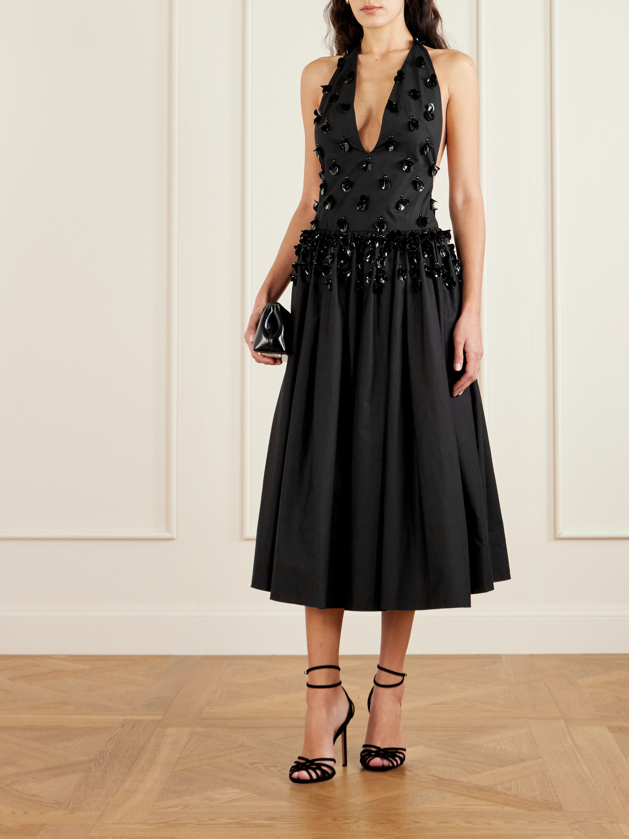 Diotima Open-back Embellished Pleated Cotton-poplin Halterneck Midi Dress In Black
