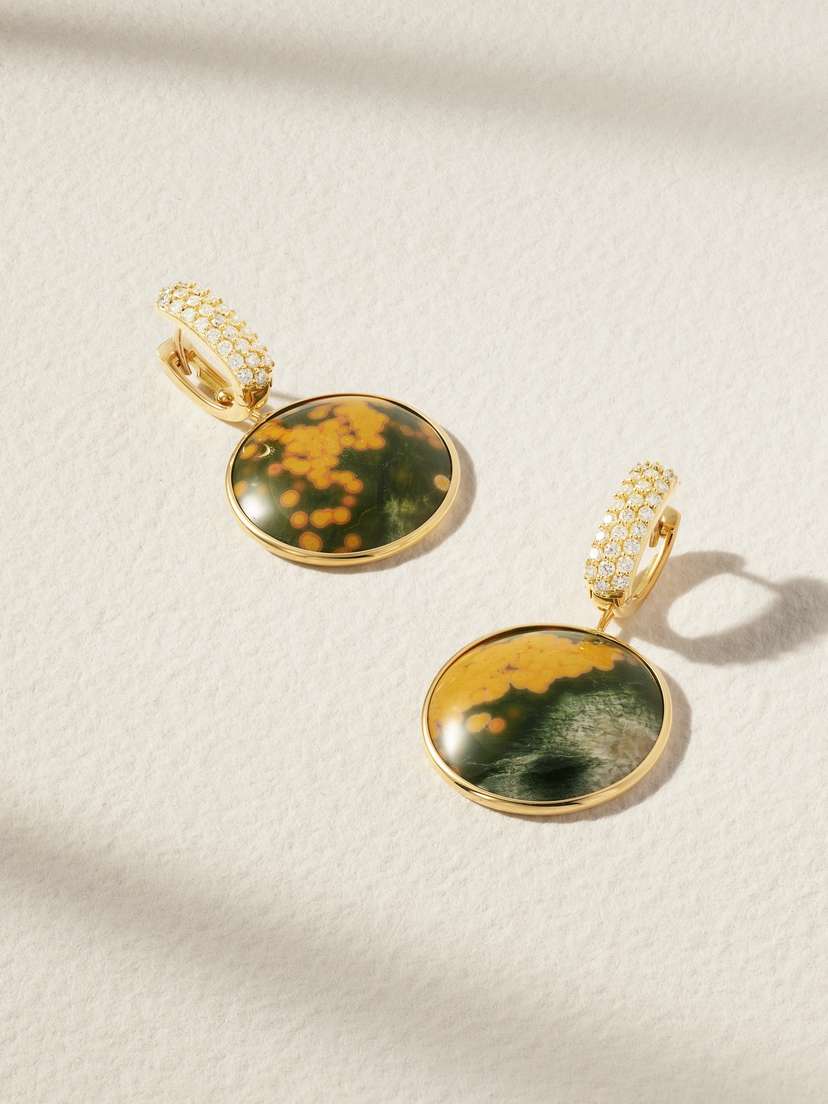 Marla Aaron Mini Disc + Stoned Base 18-karat Gold, Jasper And Diamond Earrings