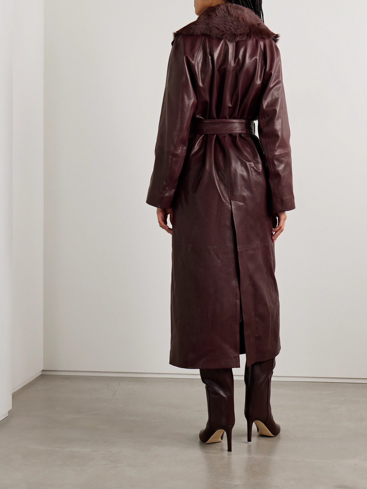 Nour Hammour Briona Belted Shearling-trimmed Leather Coat In Purple