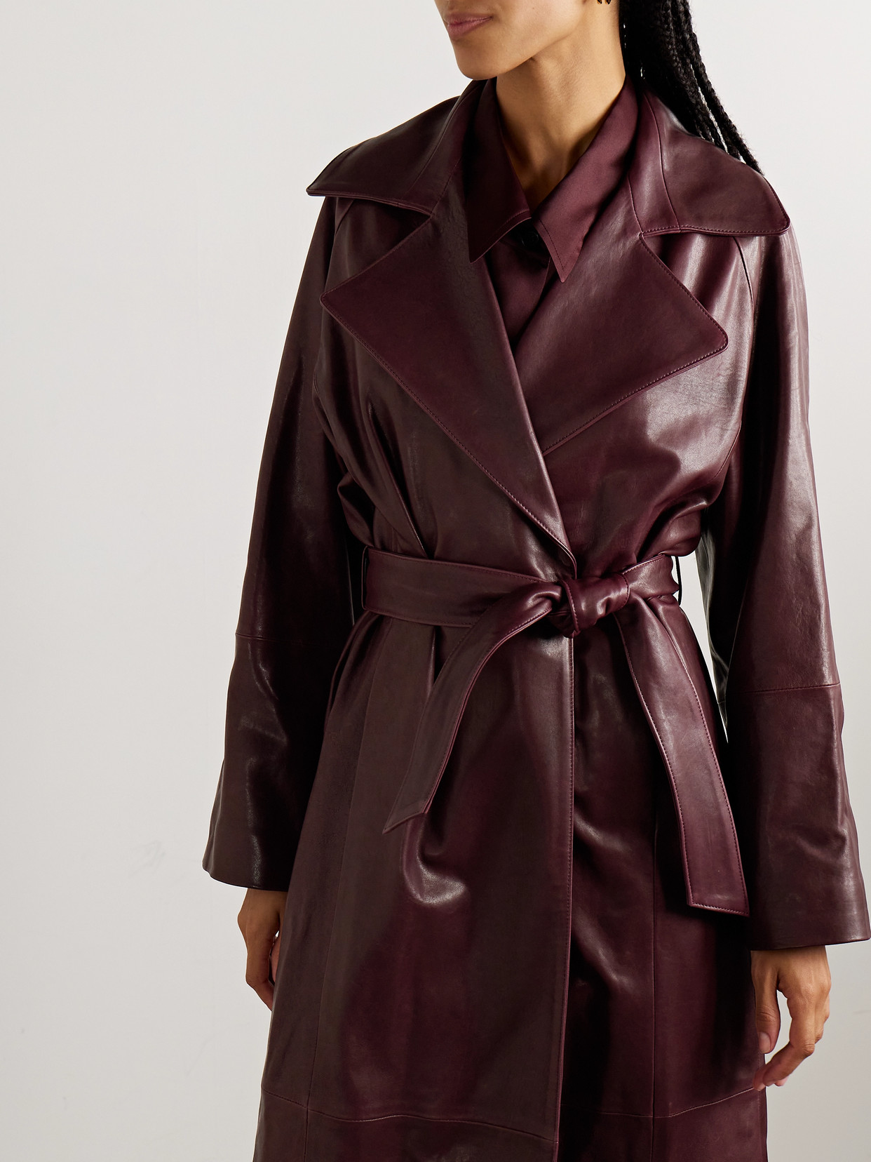Nour Hammour Briona Belted Shearling-trimmed Leather Coat In Purple