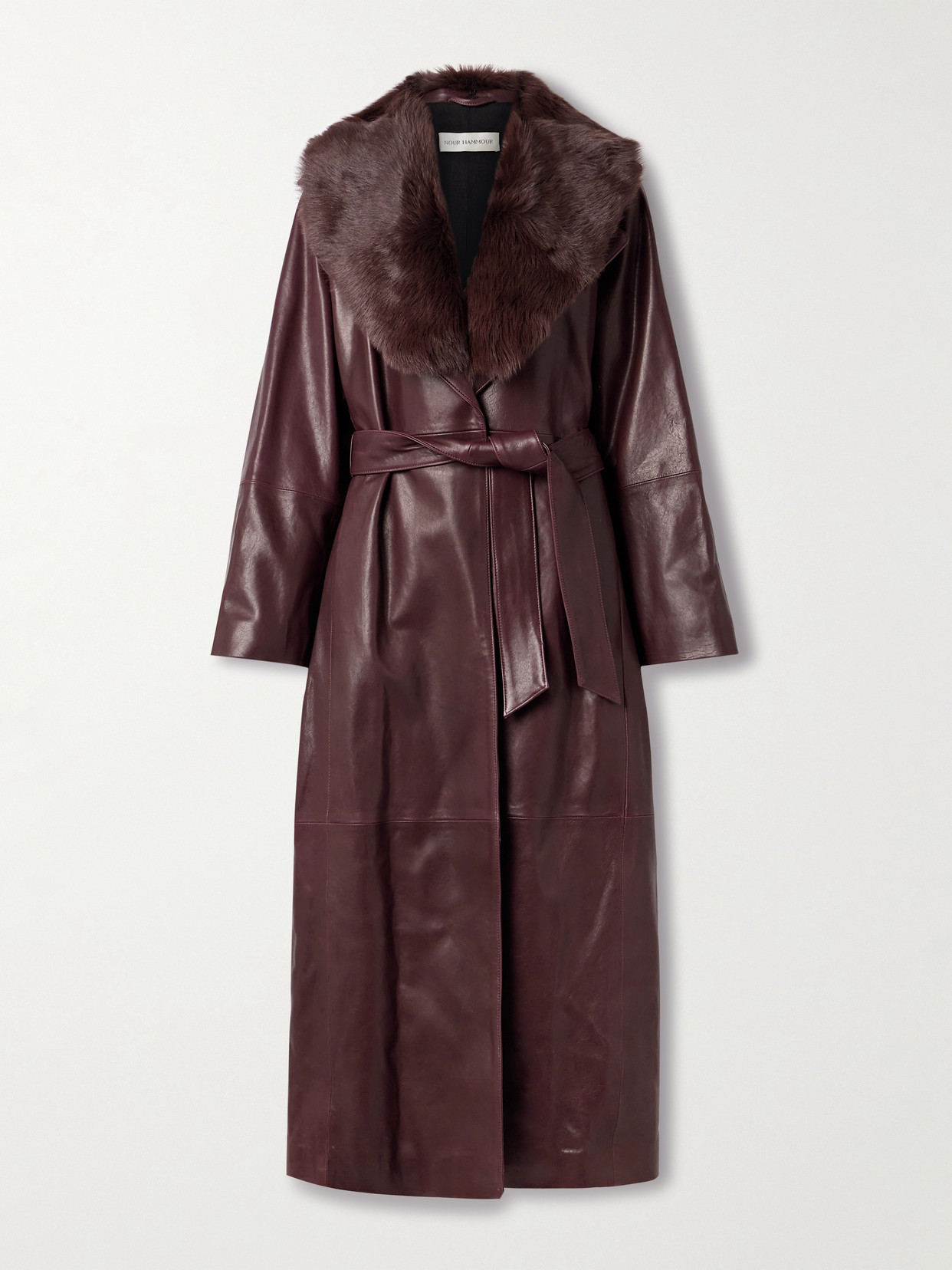 Nour Hammour Briona Belted Shearling-trimmed Leather Coat In Purple