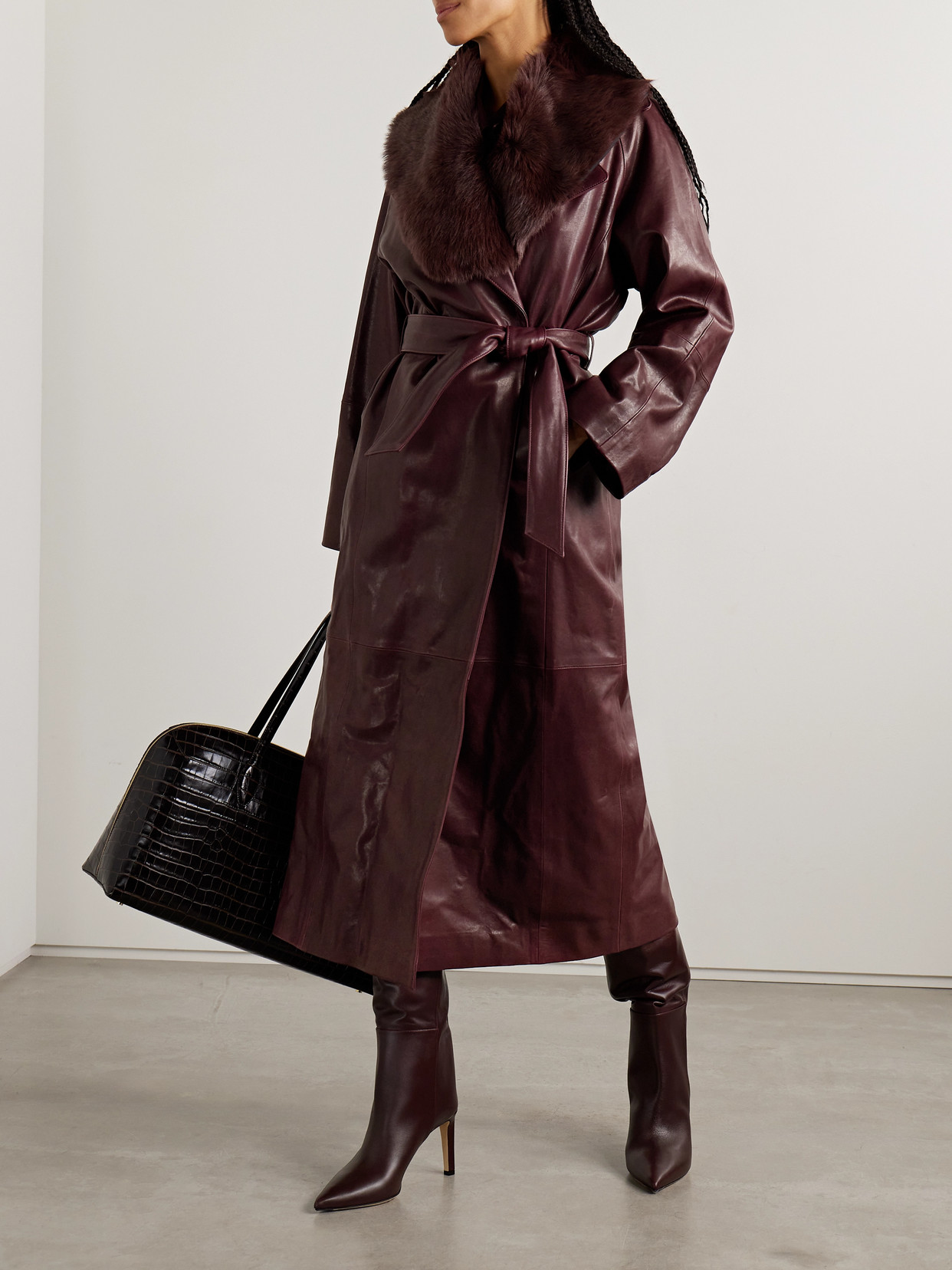 Nour Hammour Briona Belted Shearling-trimmed Leather Coat In Purple