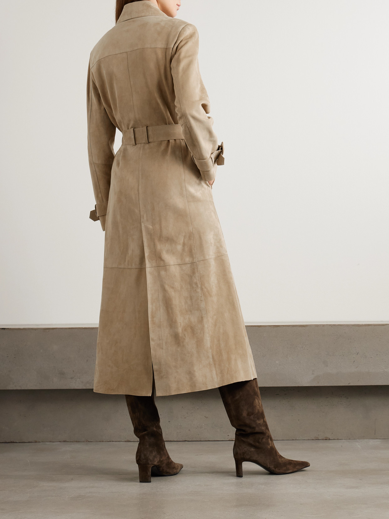Nour Hammour Tate Belted Suede Trench Coat In Brown