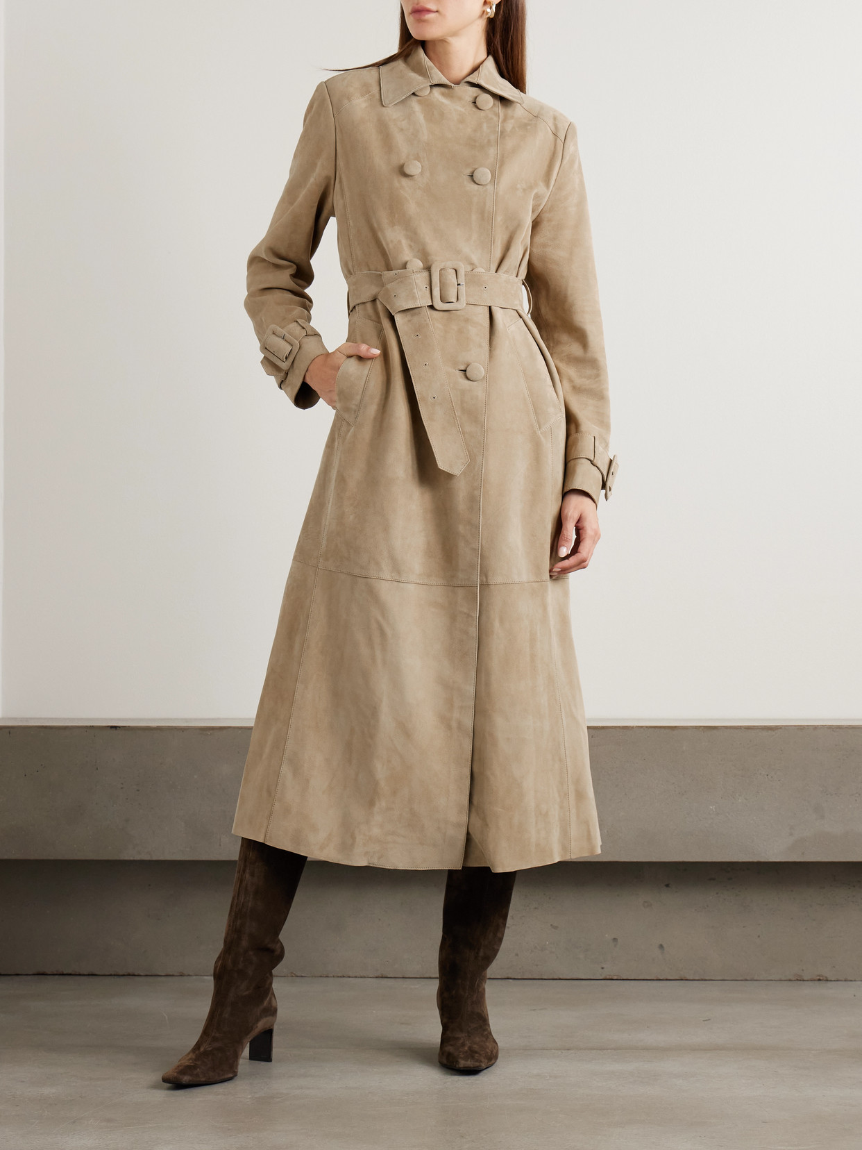 Nour Hammour Tate Belted Suede Trench Coat In Brown
