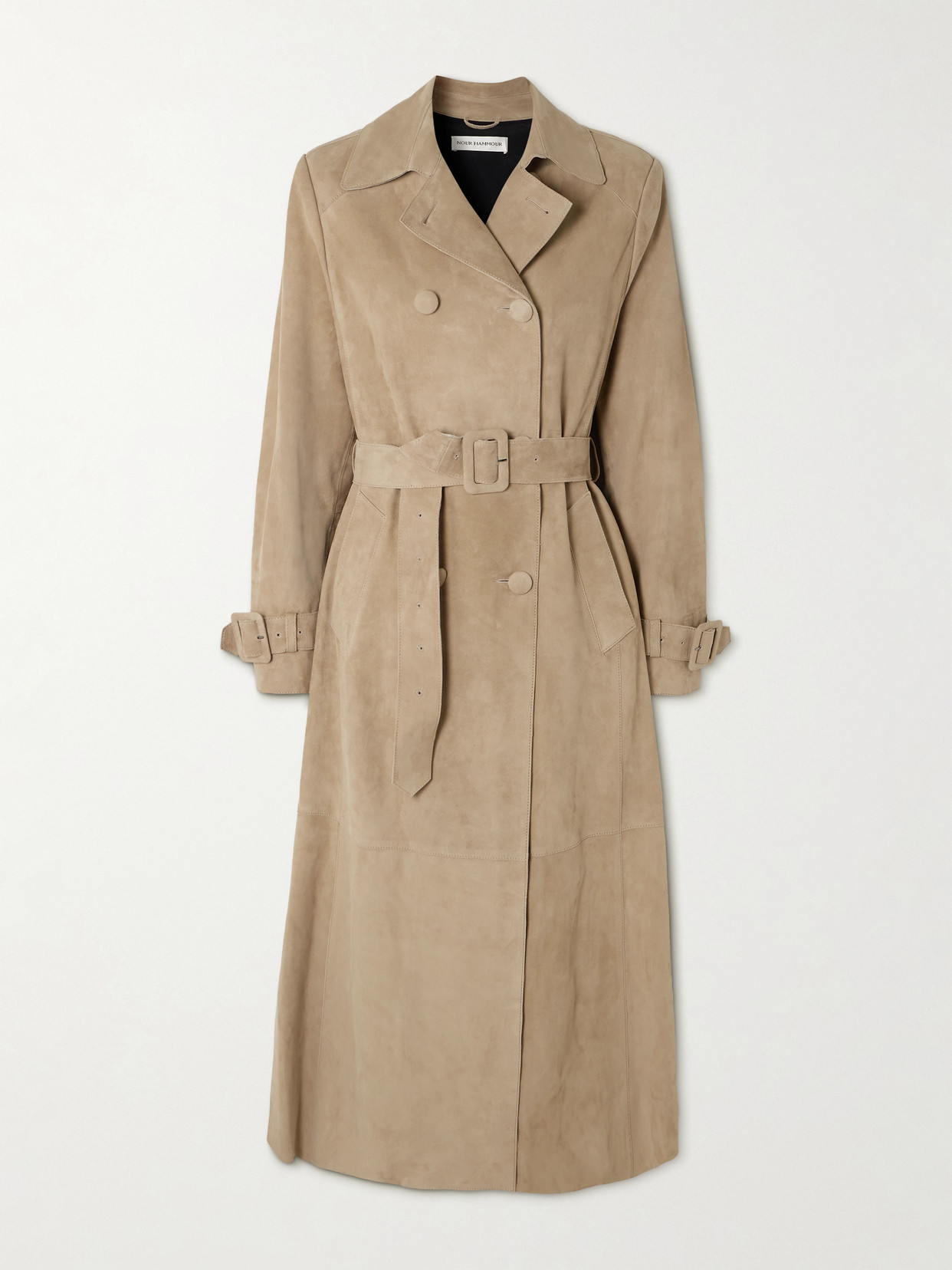Nour Hammour Tate Belted Suede Trench Coat In Brown