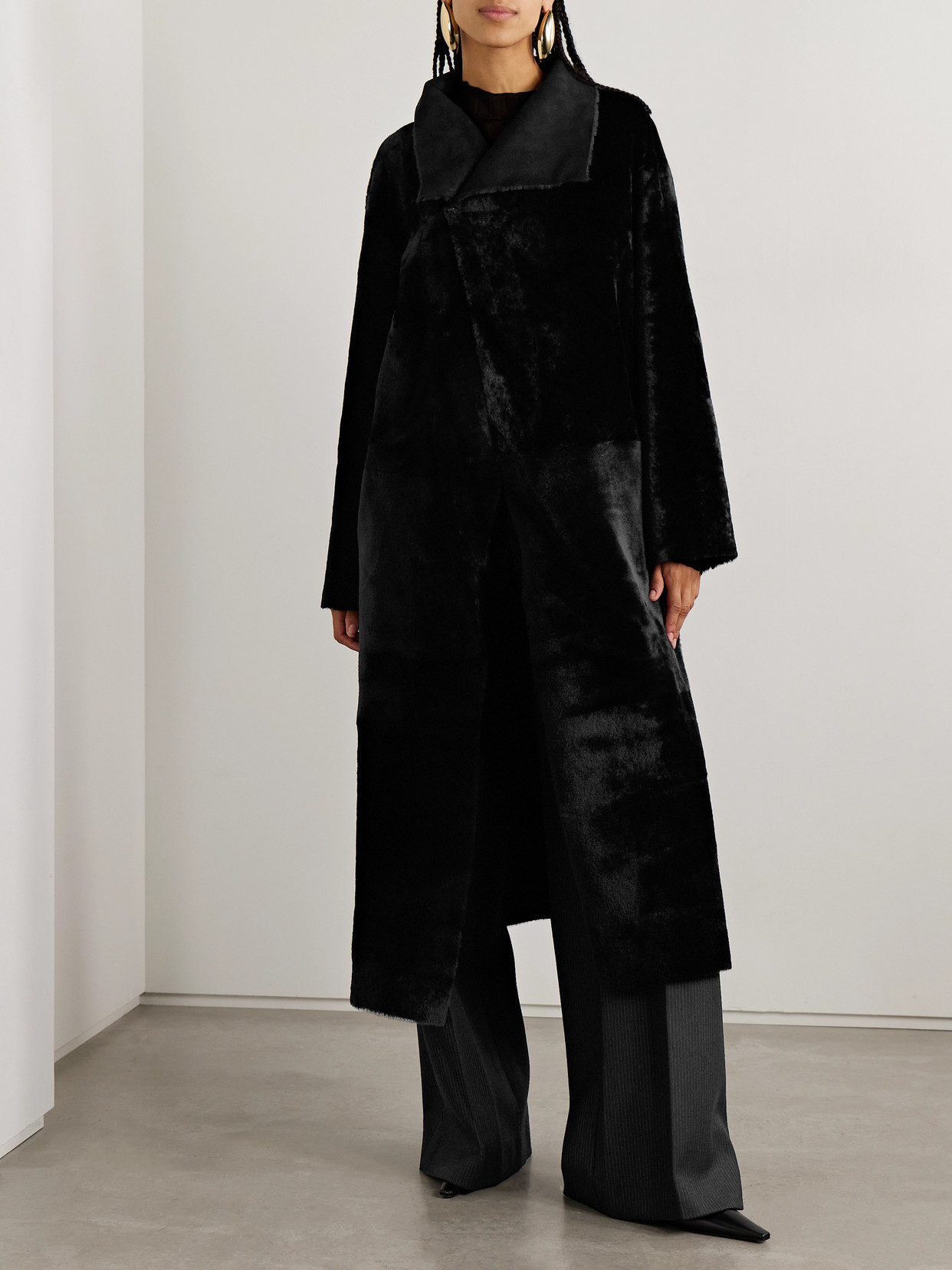 Nour Hammour Merinos Oversized Shearling Coat In Black