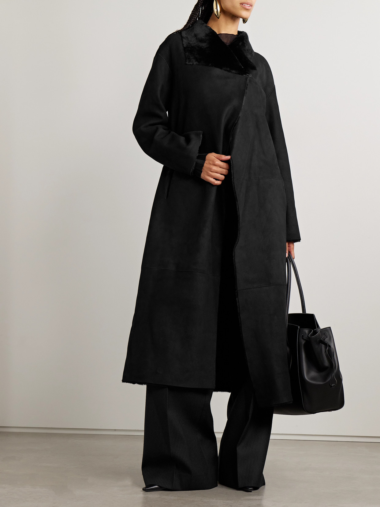 Nour Hammour Merinos Oversized Shearling Coat In Black