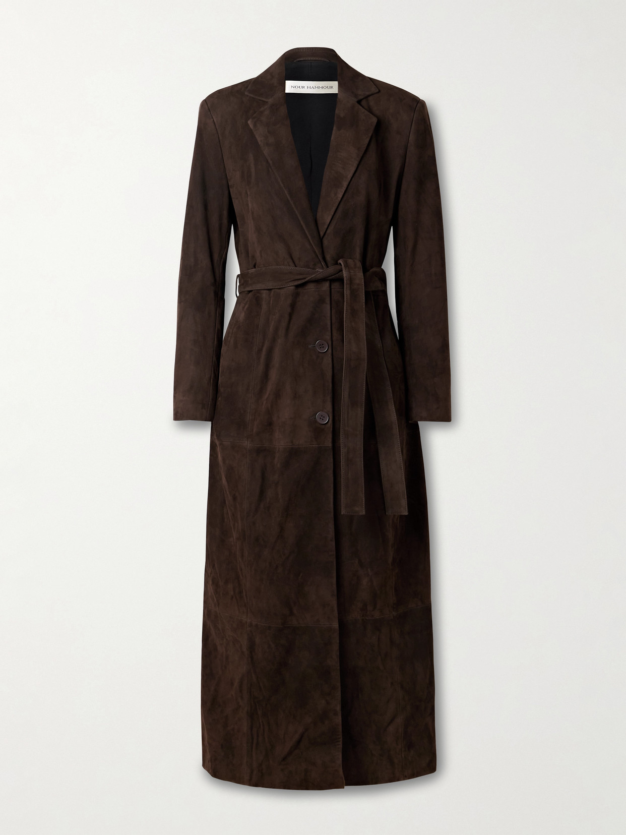 Nour Hammour Vesper Belted Suede Coat In Brown