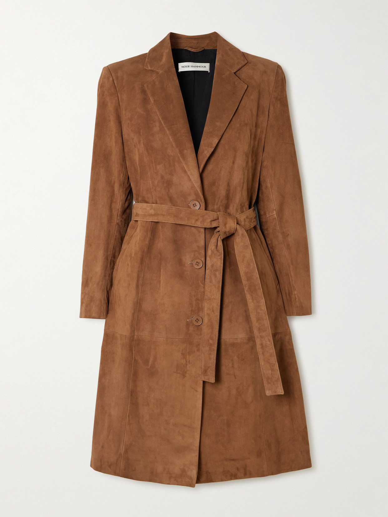 Nour Hammour Vesper Belted Suede Coat In Brown
