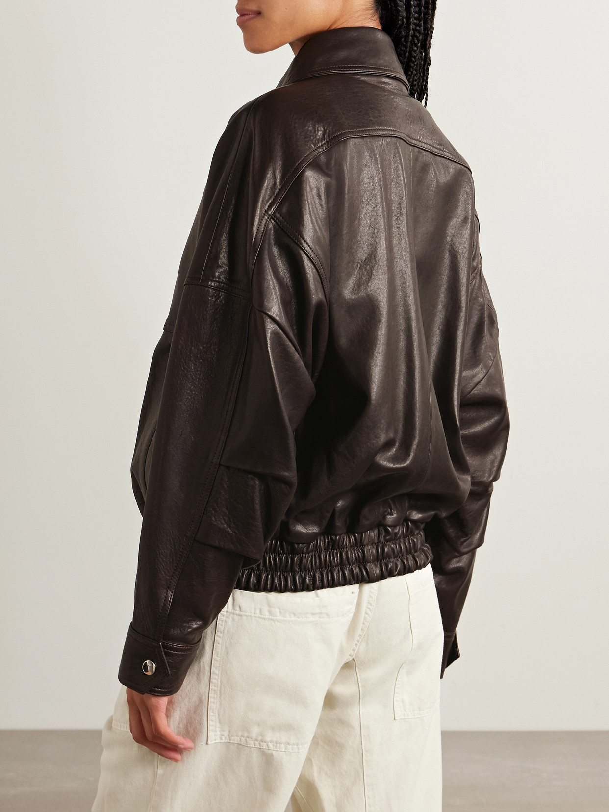 Nour Hammour Dalma Leather Bomber Jacket In Brown