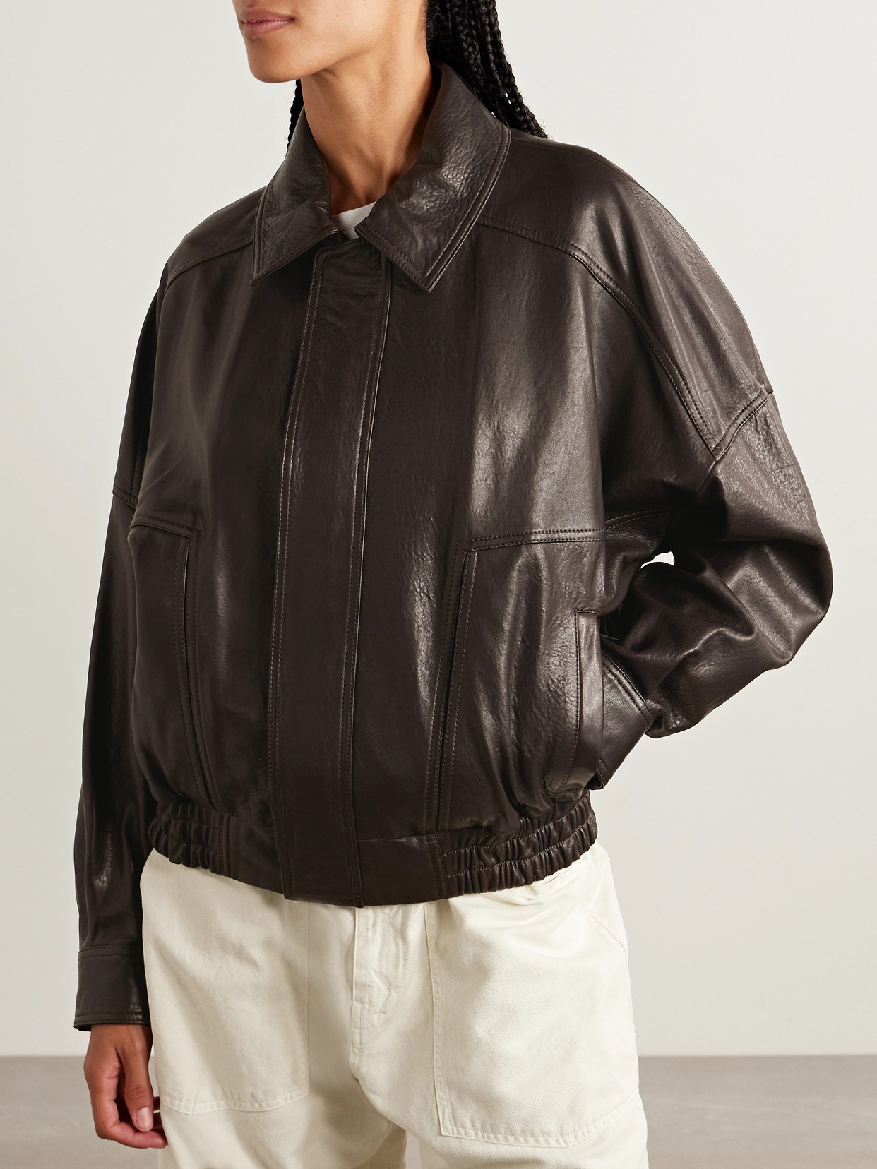 Nour Hammour Dalma Leather Bomber Jacket In Brown