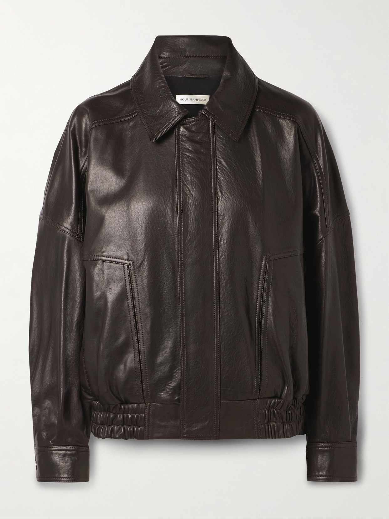 Nour Hammour Dalma Leather Bomber Jacket In Brown