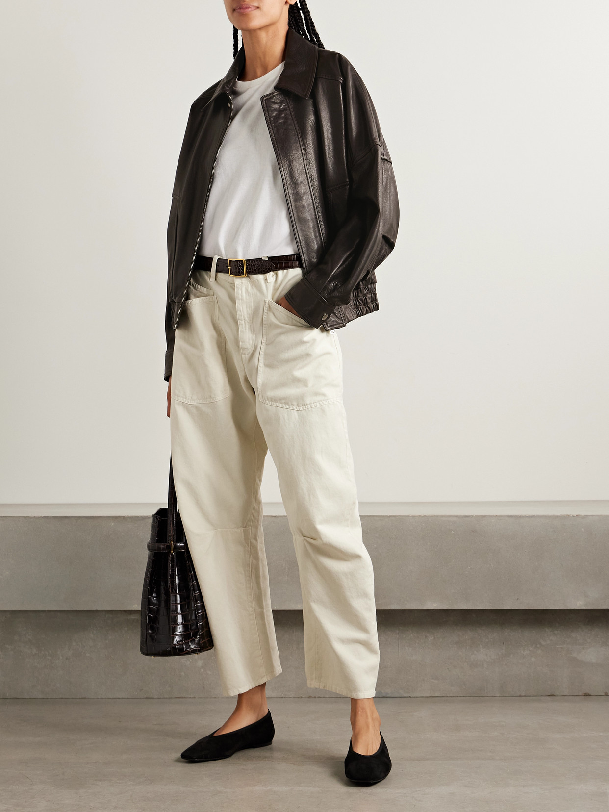 Nour Hammour Dalma Leather Bomber Jacket In Brown