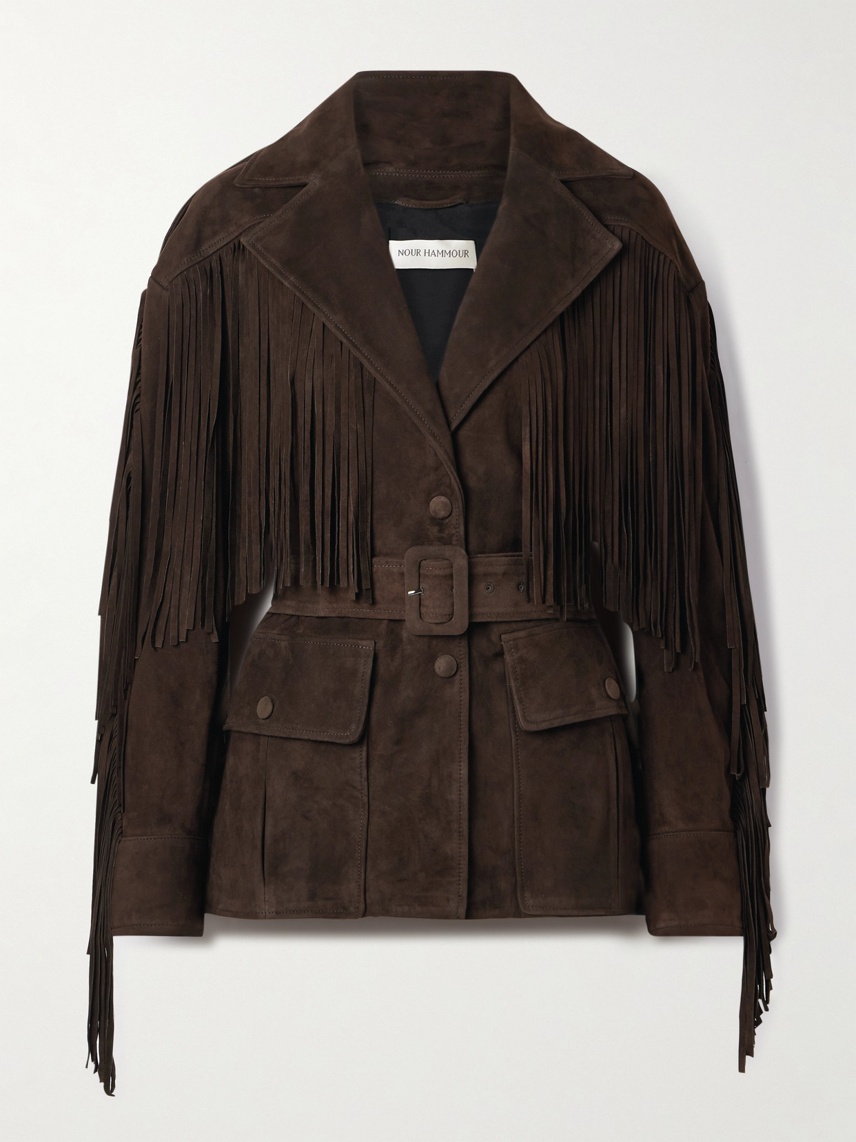Nour Hammour Cassidy Belted Fringed Suede Jacket In Brown