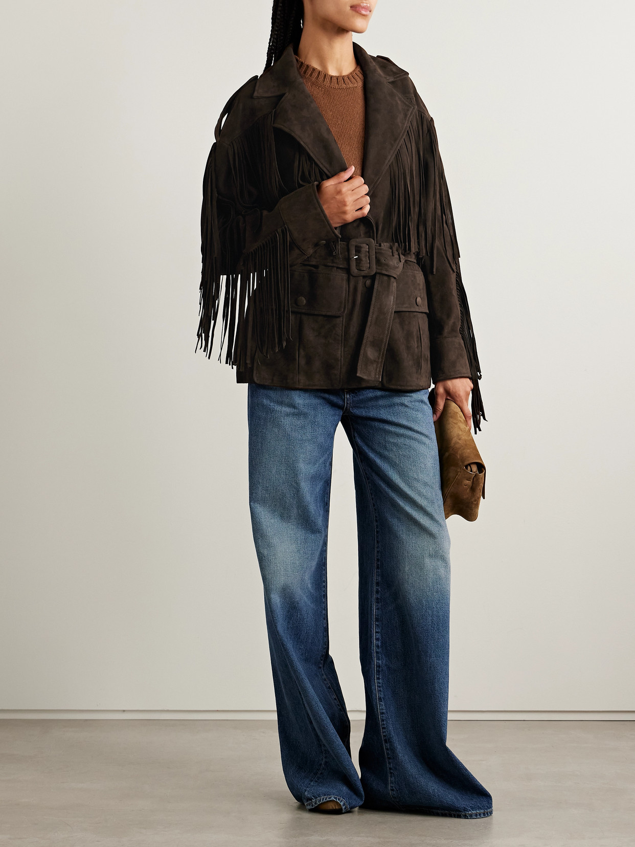 Nour Hammour Cassidy Belted Fringed Suede Jacket In Brown