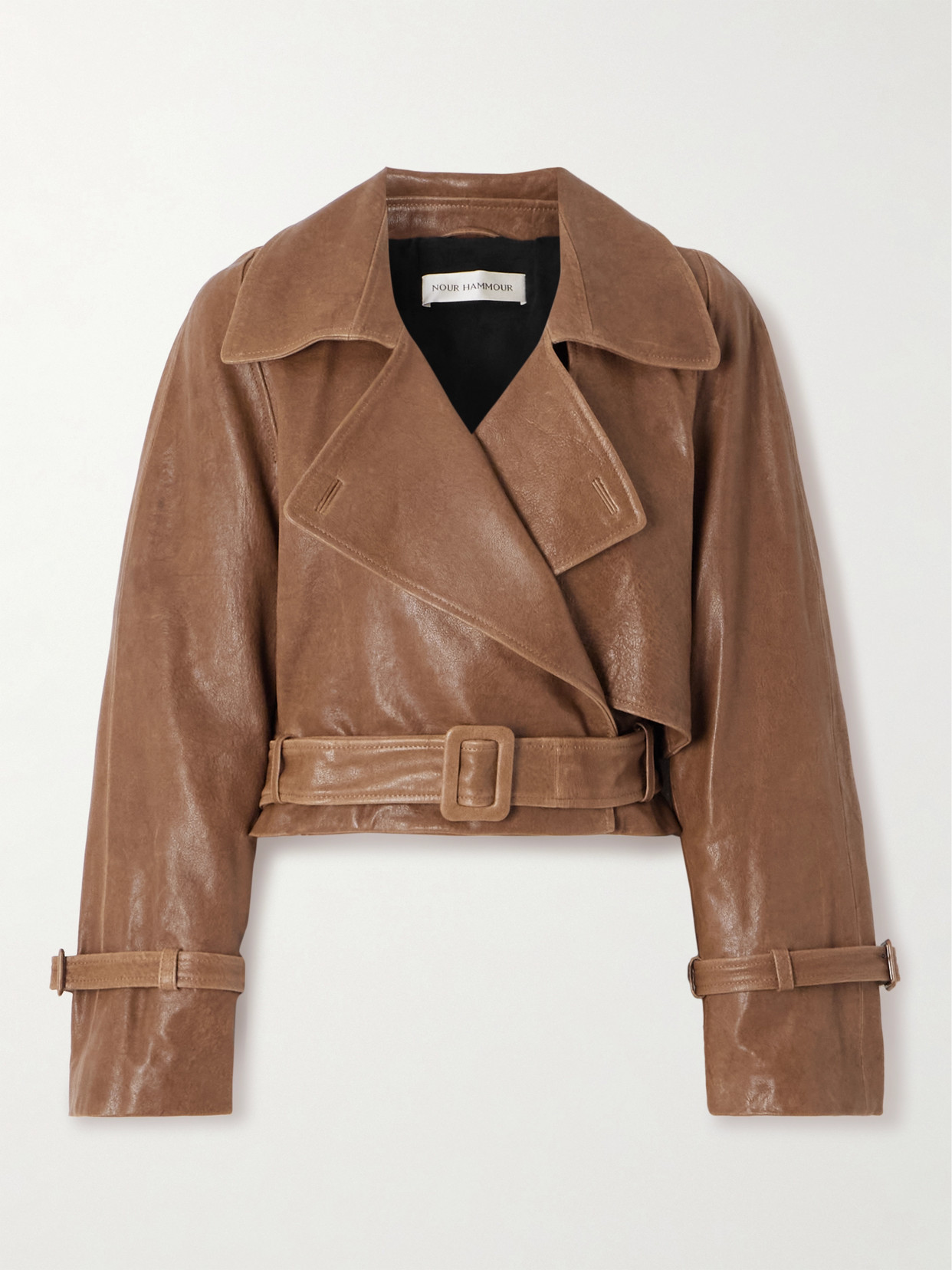 Nour Hammour Hatti Cropped Belted Leather Jacket In Brown