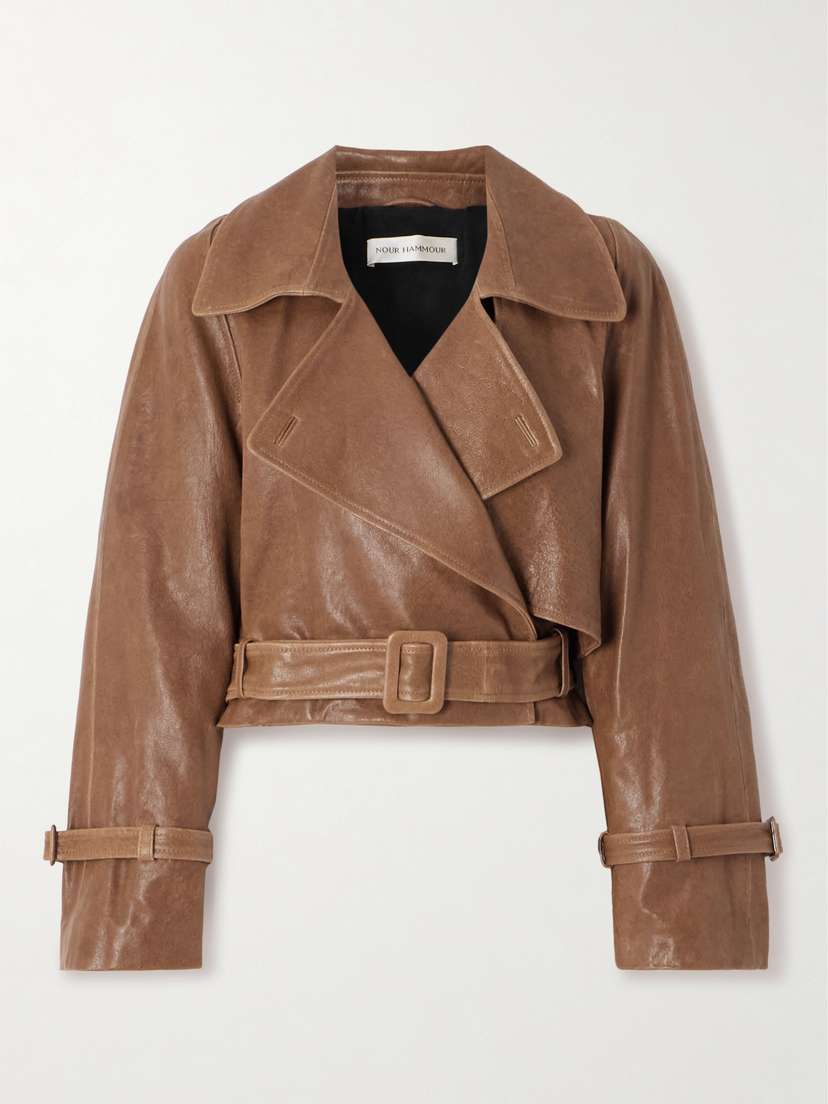 Nour Hammour Hatti Cropped Belted Leather Jacket