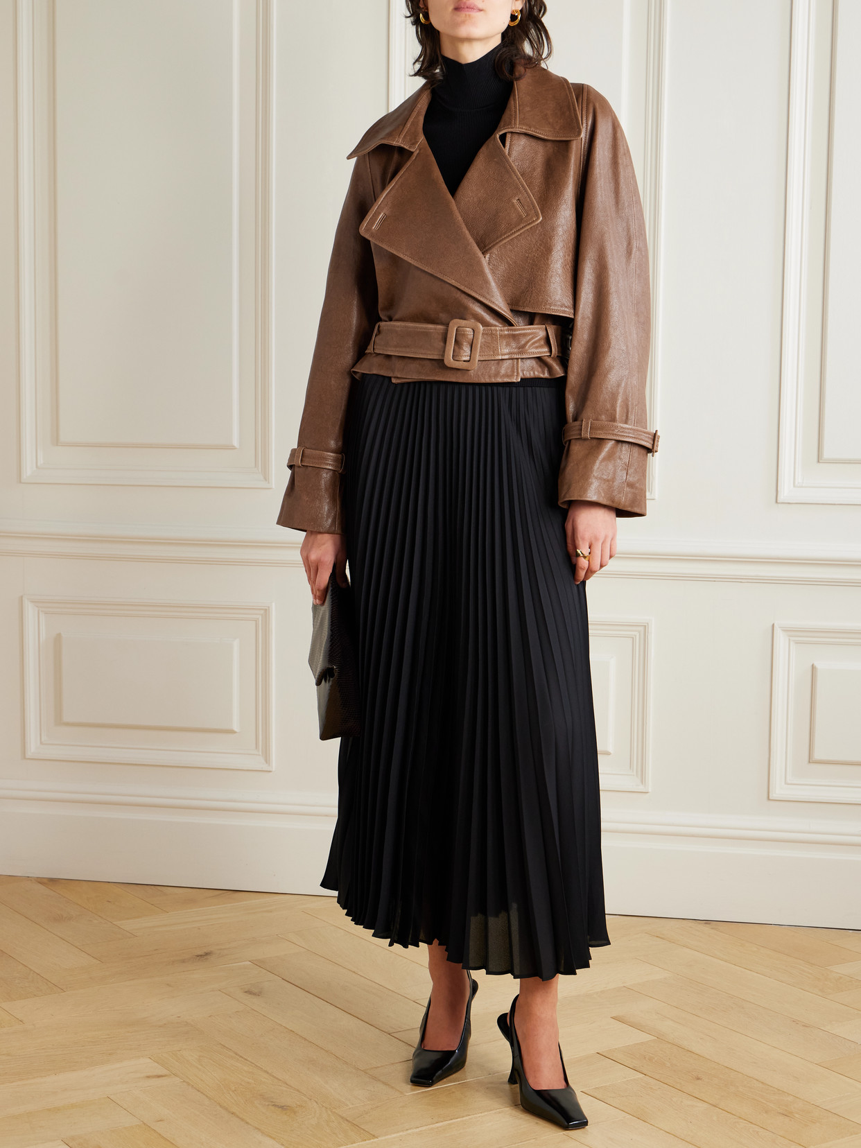 Nour Hammour Hatti Cropped Belted Leather Jacket In Brown