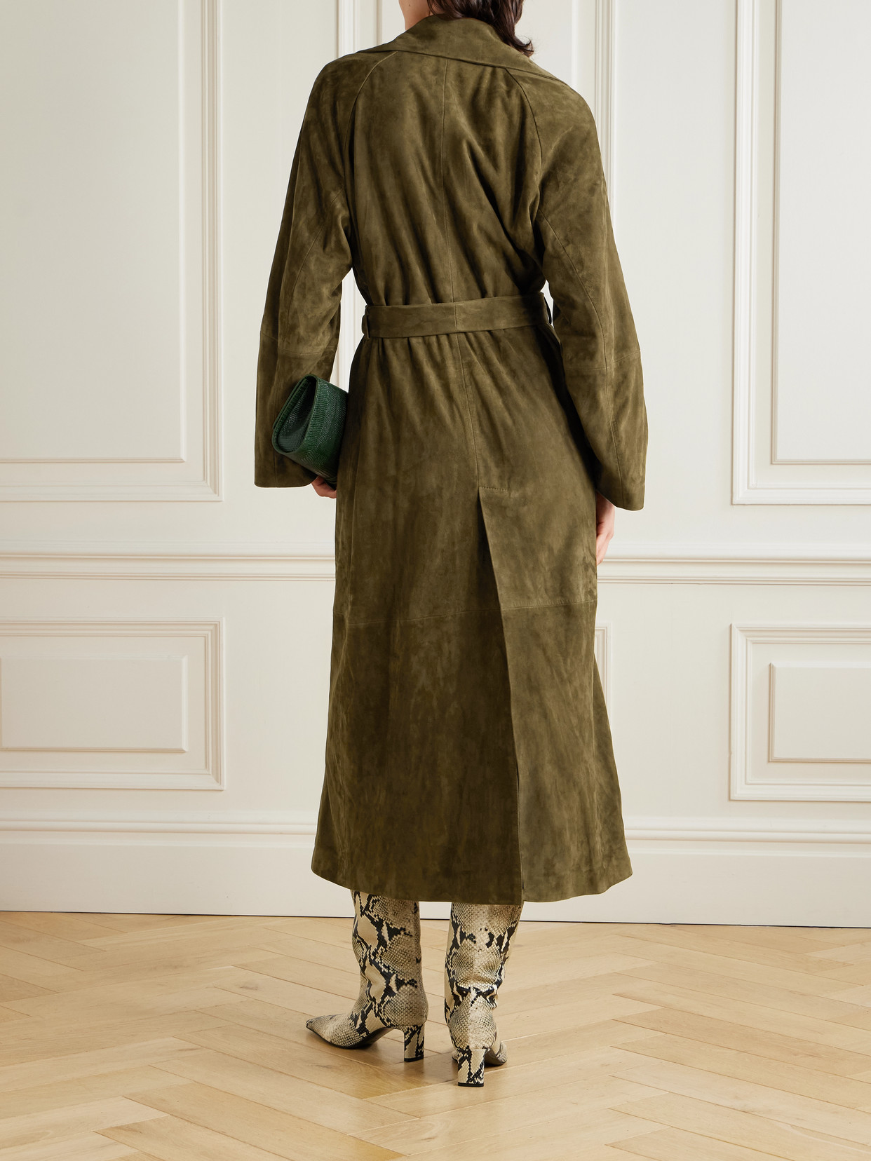 Nour Hammour Athea Paneled Suede Coat In Green