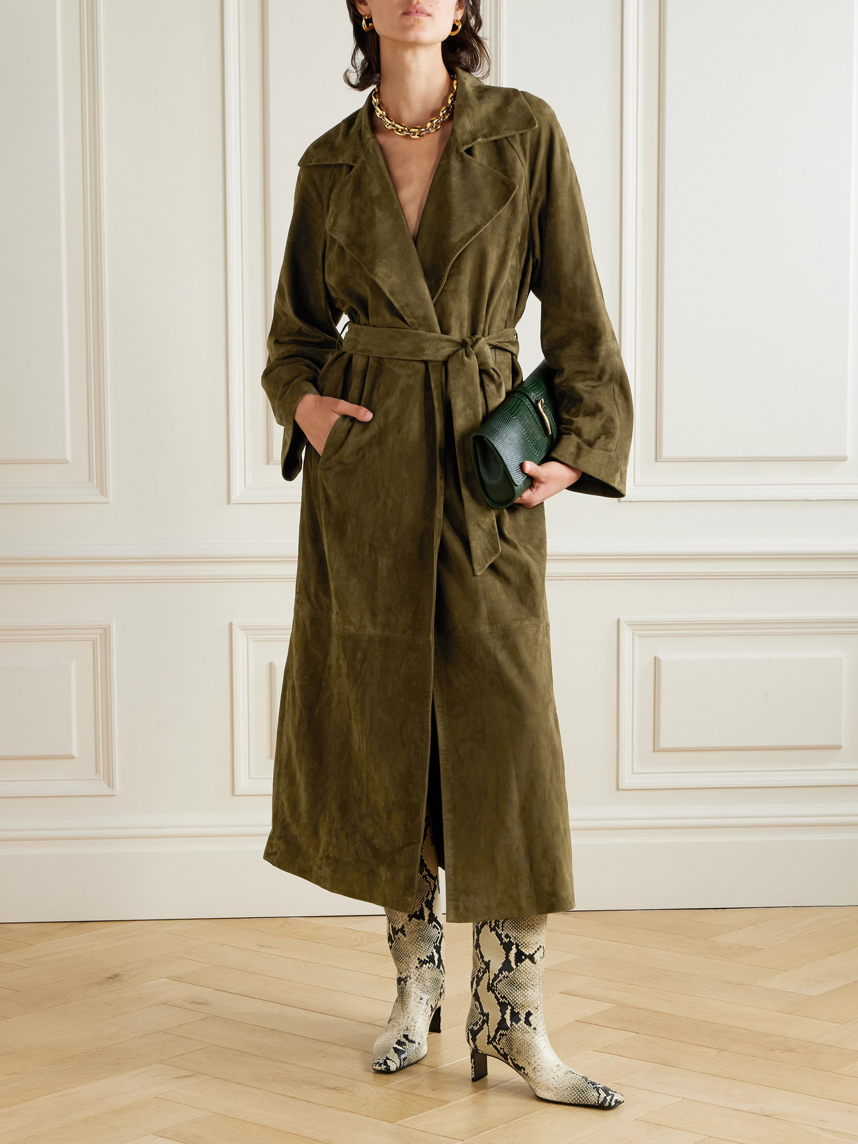 Nour Hammour Athea Paneled Suede Coat In Green