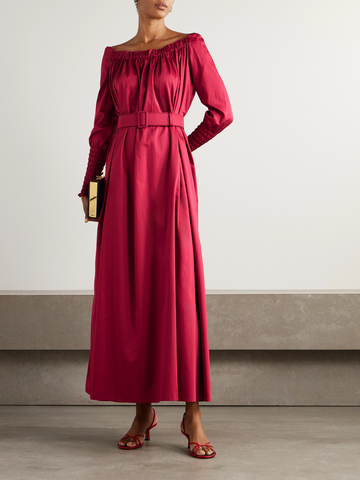Marta Ferri Noel Belted Gathered Cotton-sateen Maxi Dress
