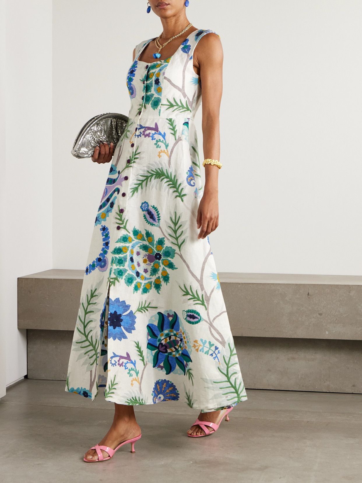 Marta Ferri Farfalle Embroidered Printed Woven Maxi Dress