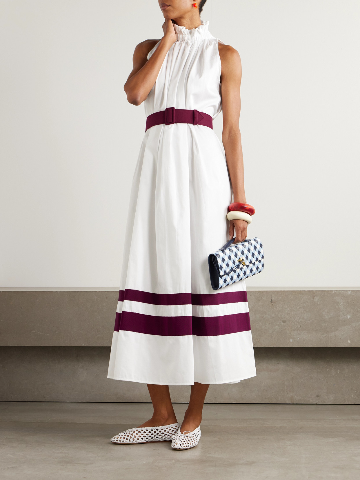 Marta Ferri Camogli Grosgrain-trimmed Belted Cotton-twill Midi Dress