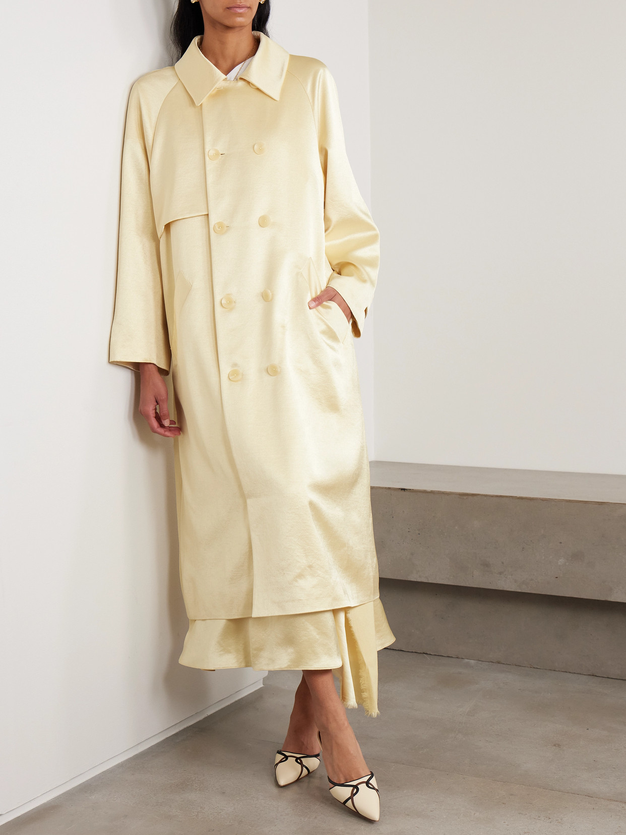 Double-Breasted Satin-Twill Trench Coat